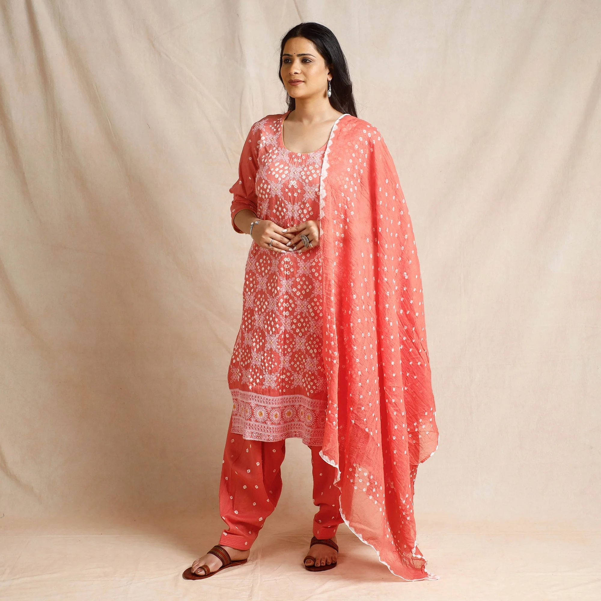 Peach - Bandhani Cotton Kurta with Salwar & Dupatta Set