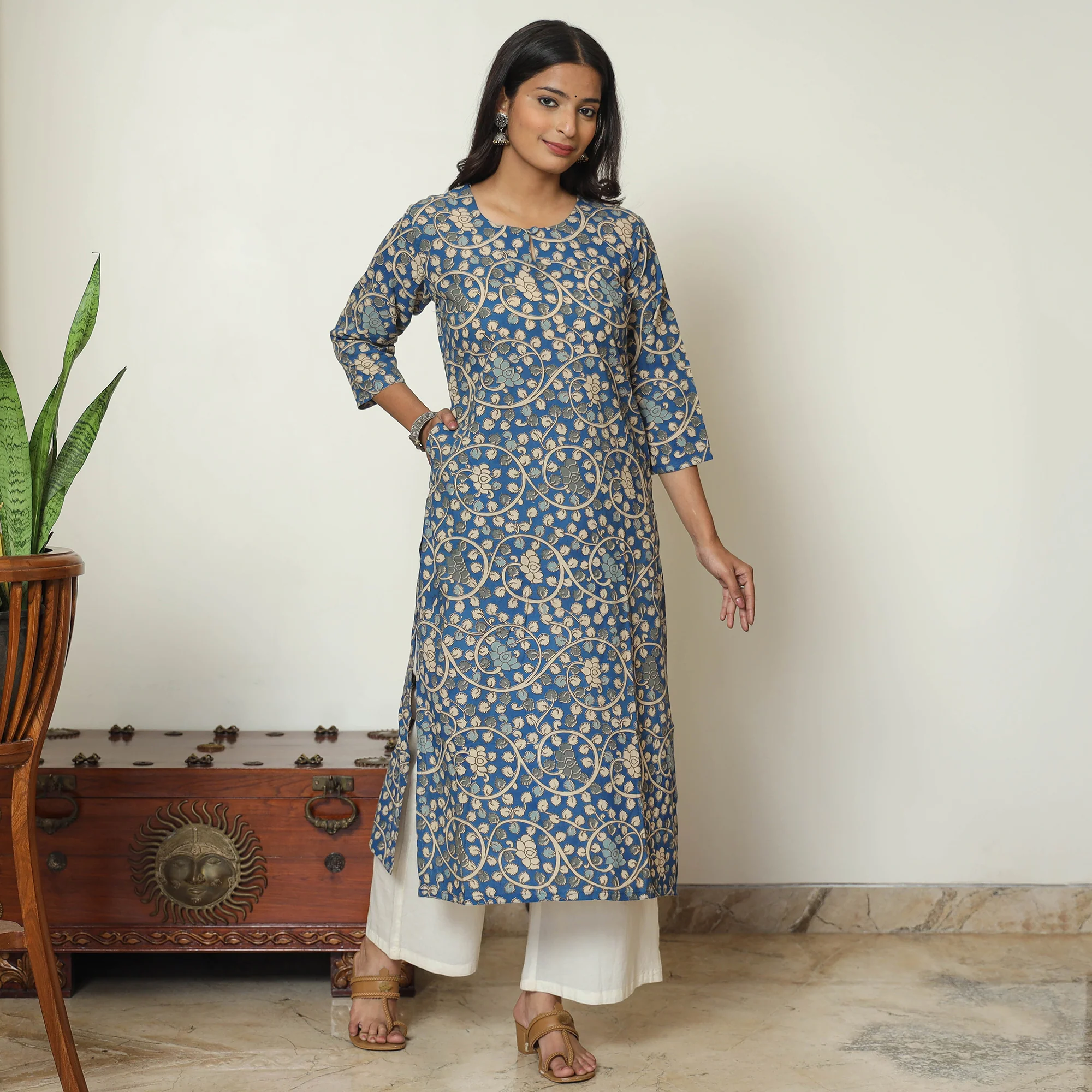Blue - Kalamkari Printed Cotton Straight Kurta 14 - Image 3