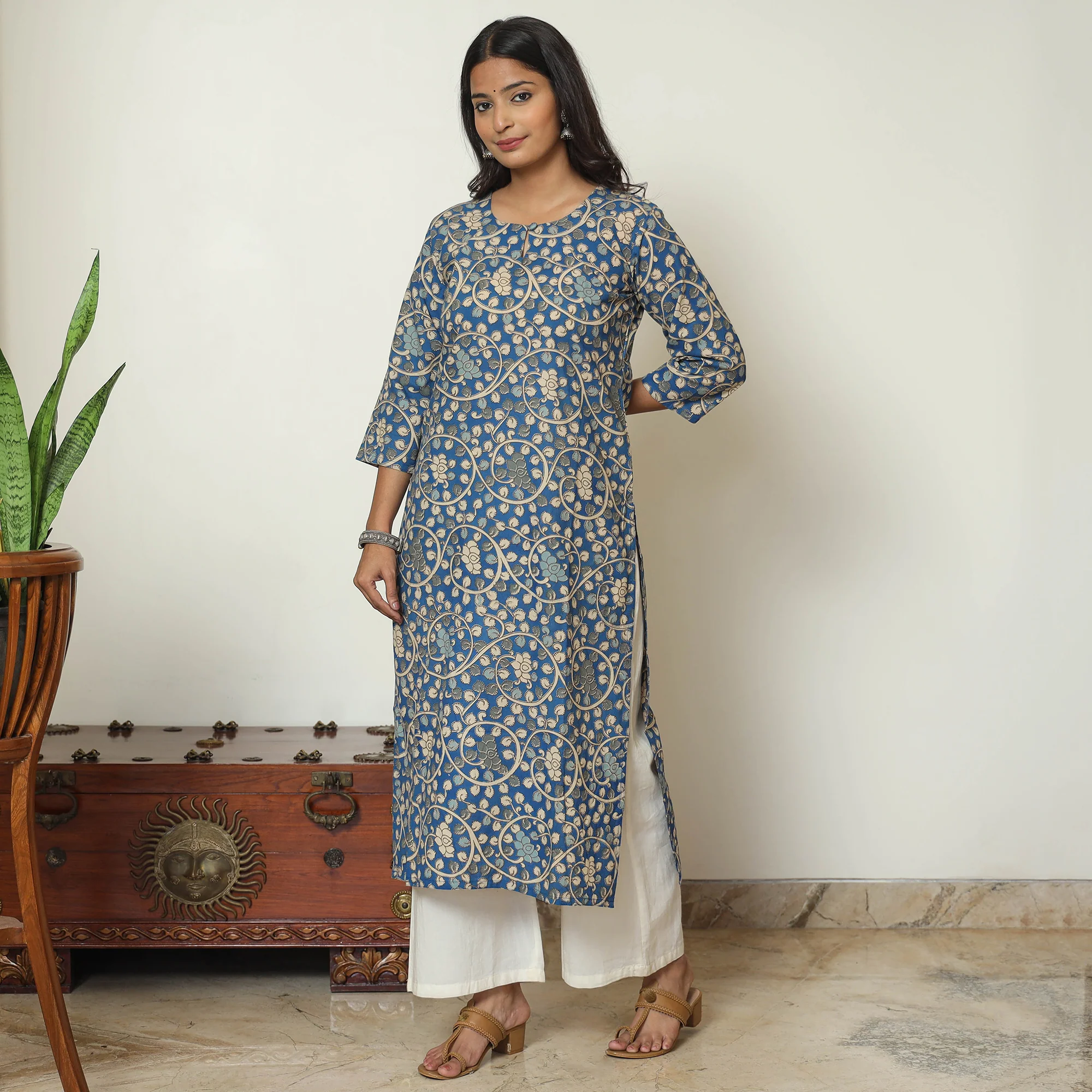 Blue - Kalamkari Printed Cotton Straight Kurta 14 - Image 5