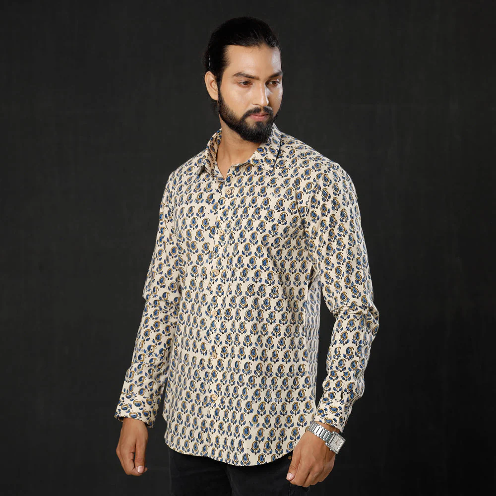 Beige - Leaf Buta Ajrakh Block Printed Cotton Men Full Sleeve Shirt - Image 4
