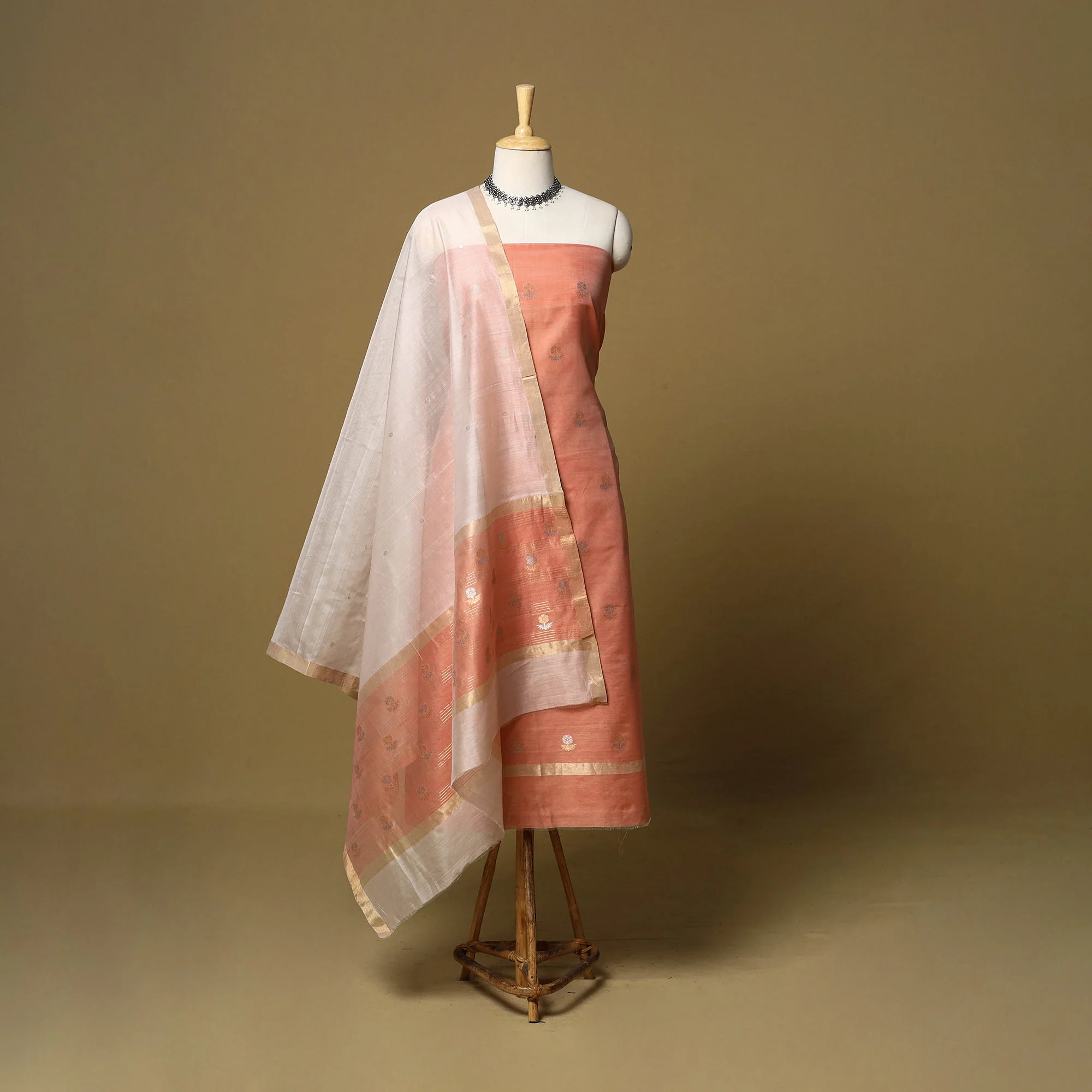 Peach - 2pc Handloom Zari Buti Unstitched Chanderi Silk Dress Material 13