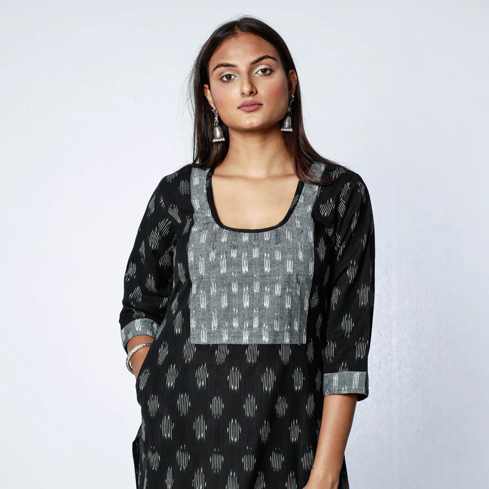 Black - Pochampally Ikat Weave Cotton Long Straight Kurta - Image 3