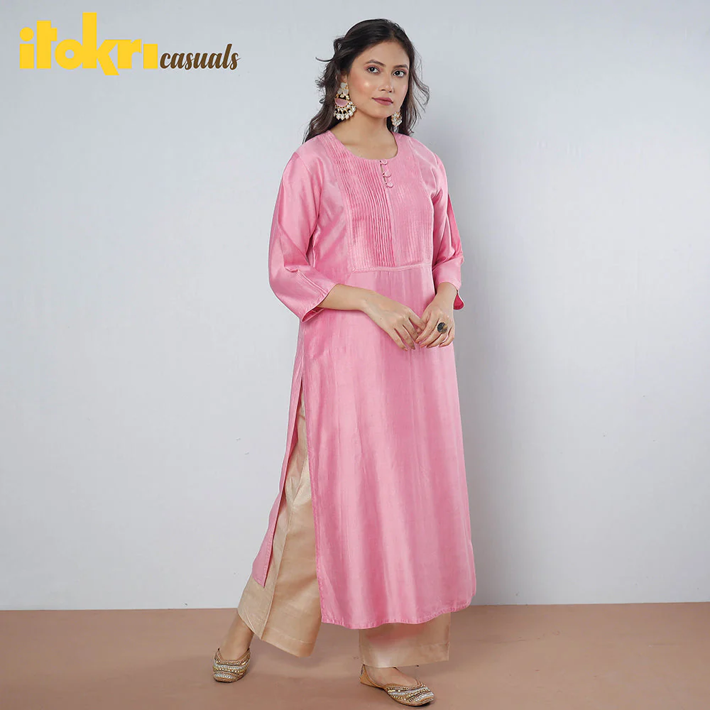 Baby Pink Pintuck Tussar Silk Plain Long Kurta - Image 2