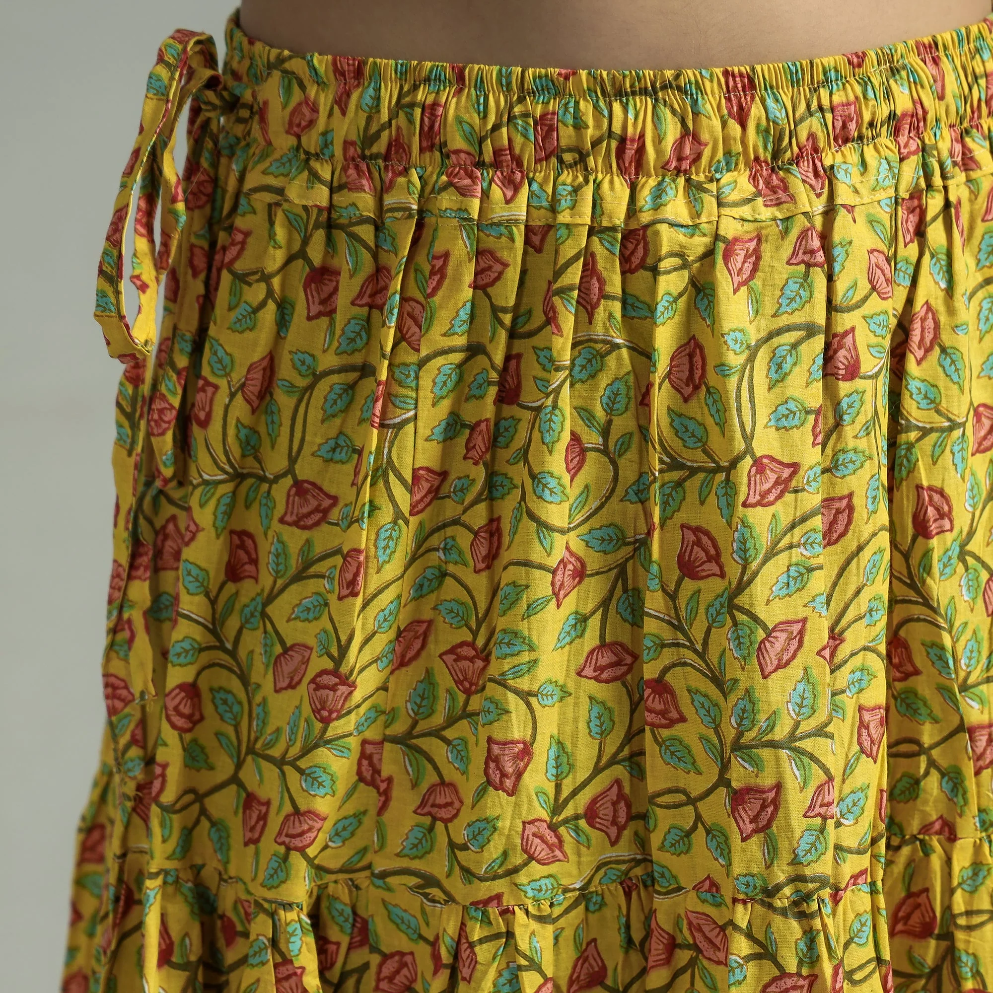 Yellow - Sanganeri Block Printed Tiered Cotton Long Skirt - Image 5