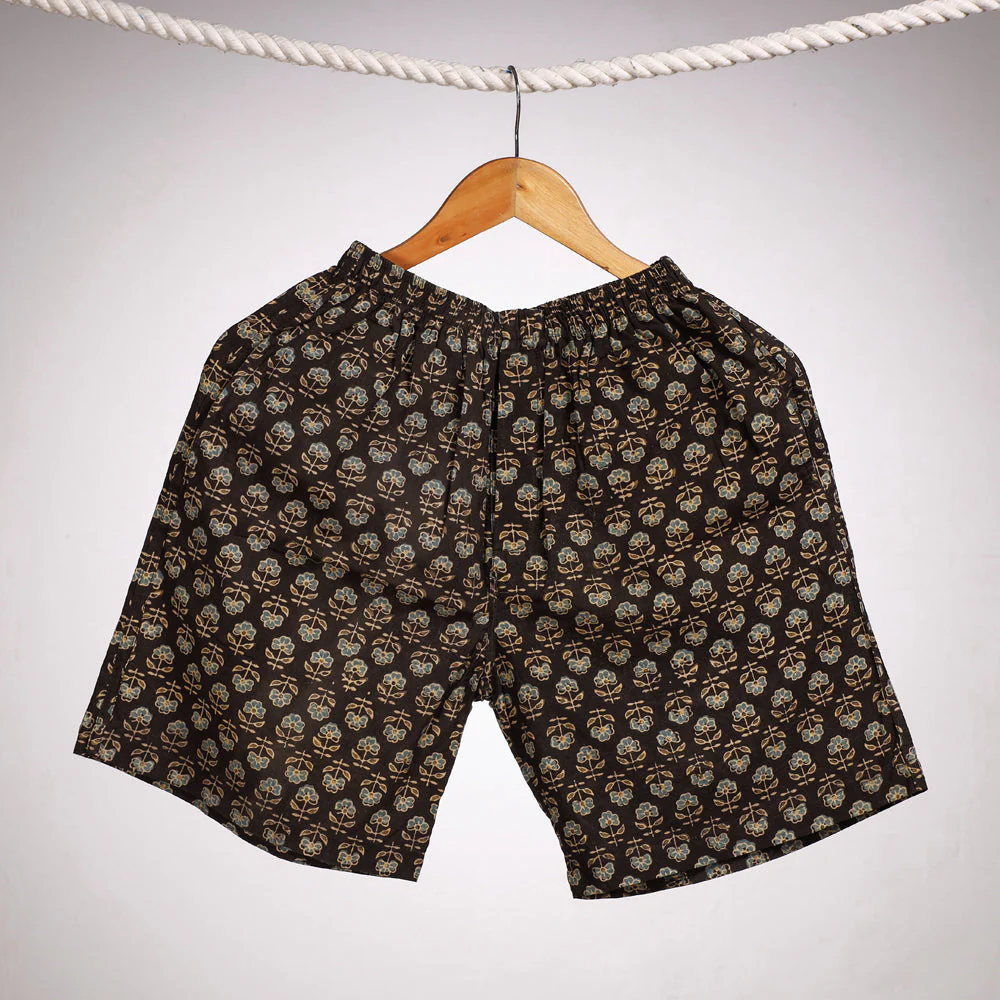 Black - Ajrakh Hand Block Printed Natural Dyed Cotton Unisex Boxer/Shorts 39