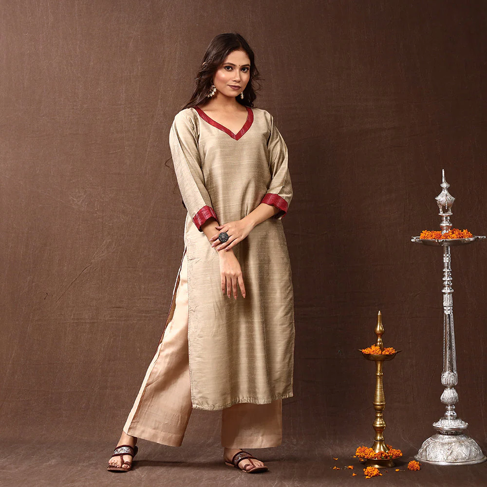 Beige - Silk Plain Long Kurta