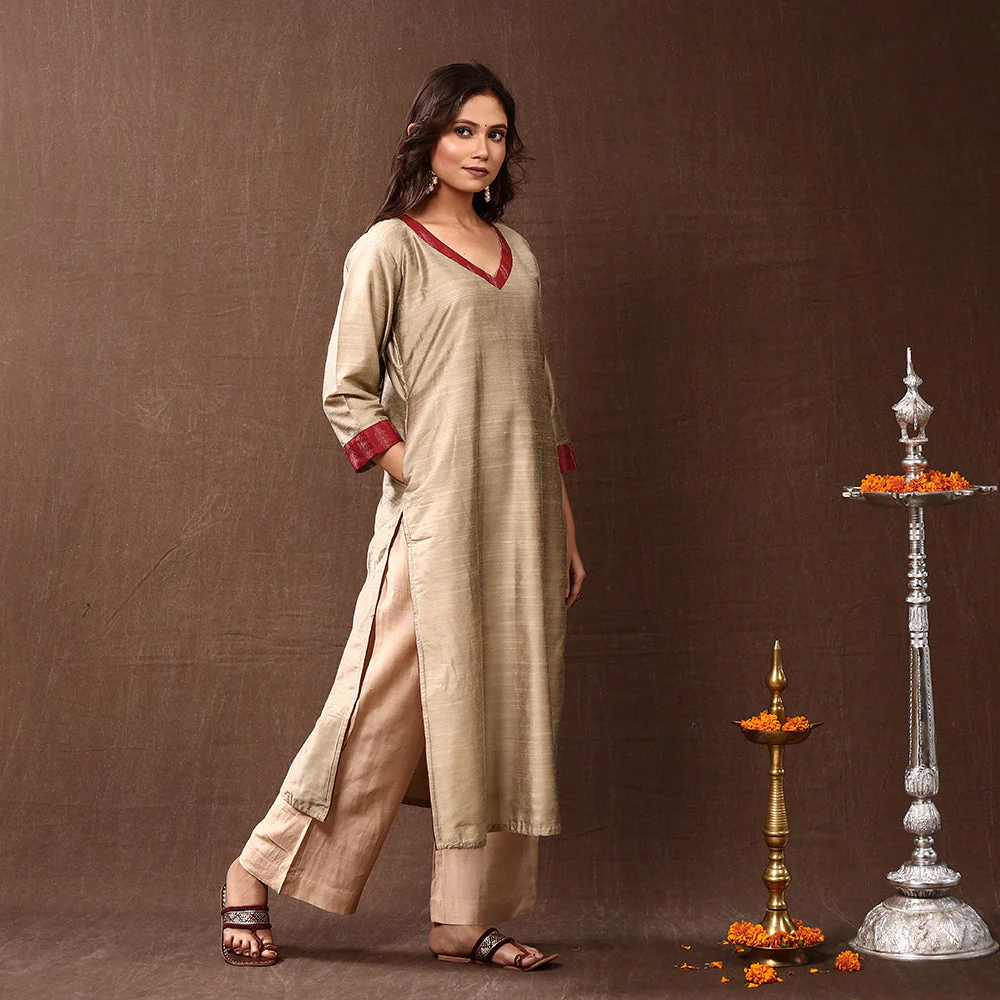 Beige - Silk Plain Long Kurta - Image 2
