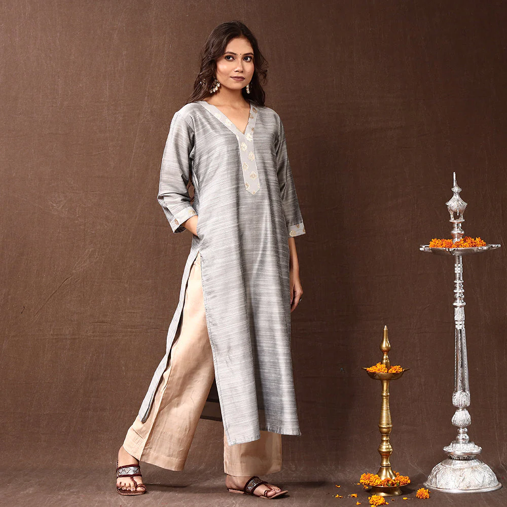 Grey - Silk Plain Long Straight Kurta - Image 3