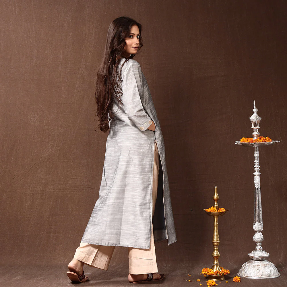 Grey - Silk Plain Long Straight Kurta - Image 4