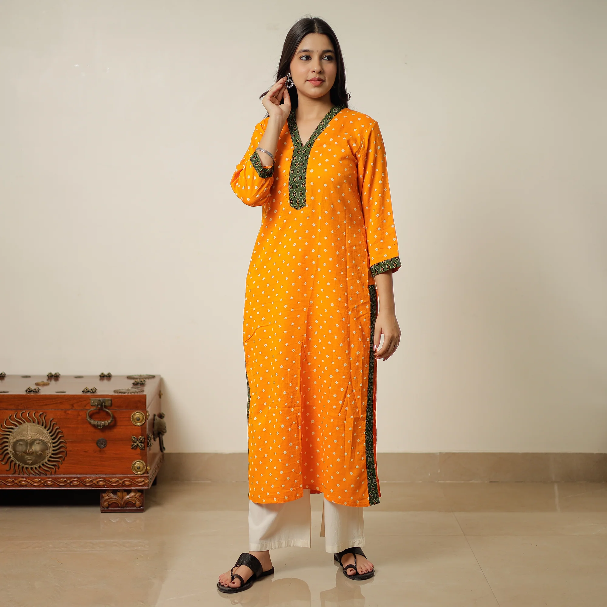 Orange - Bandhani Tie-dye Cotton Long Straight Kurta 05 - Image 2