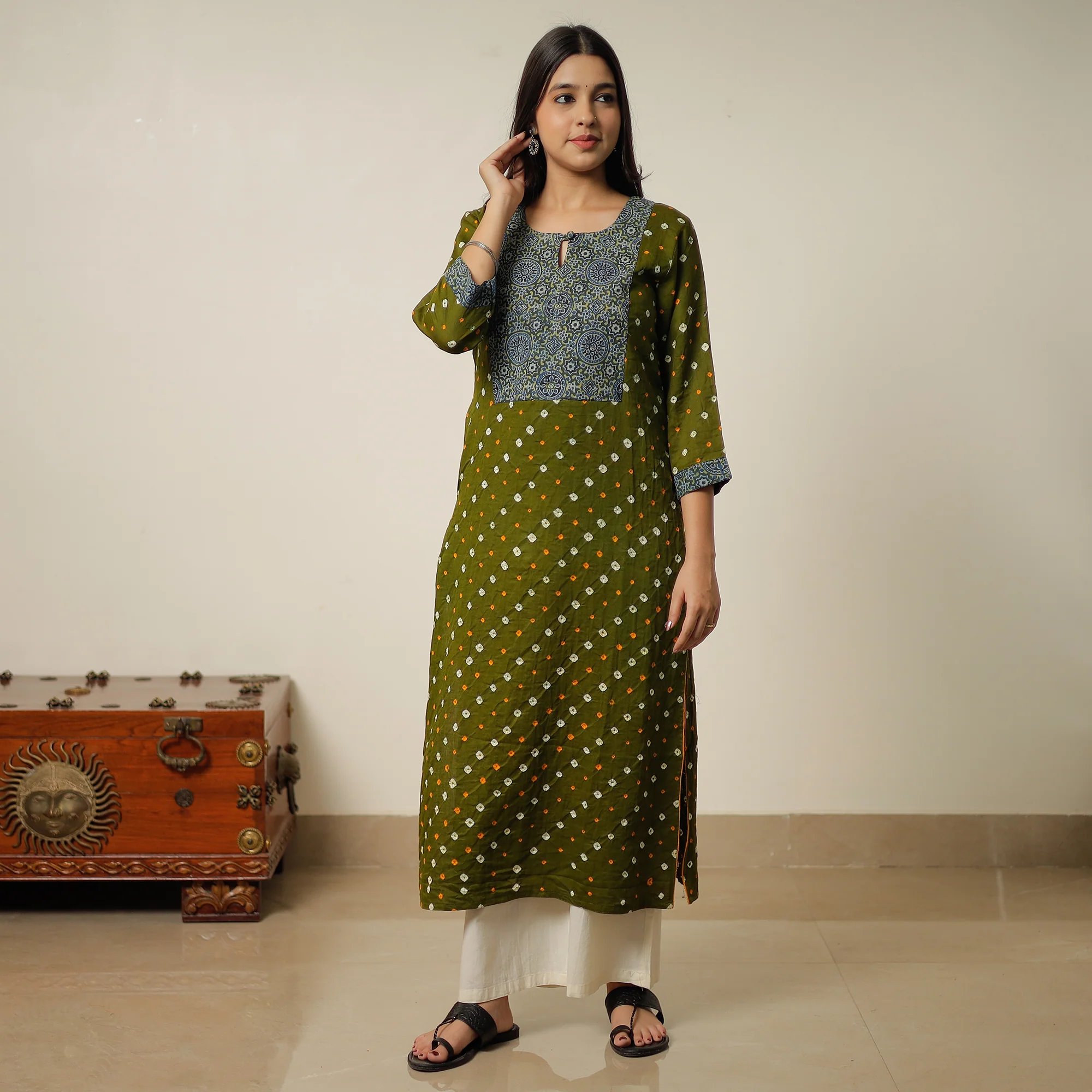 Olive Green - Bandhani Tie-dye Cotton Long Straight Kurta 03