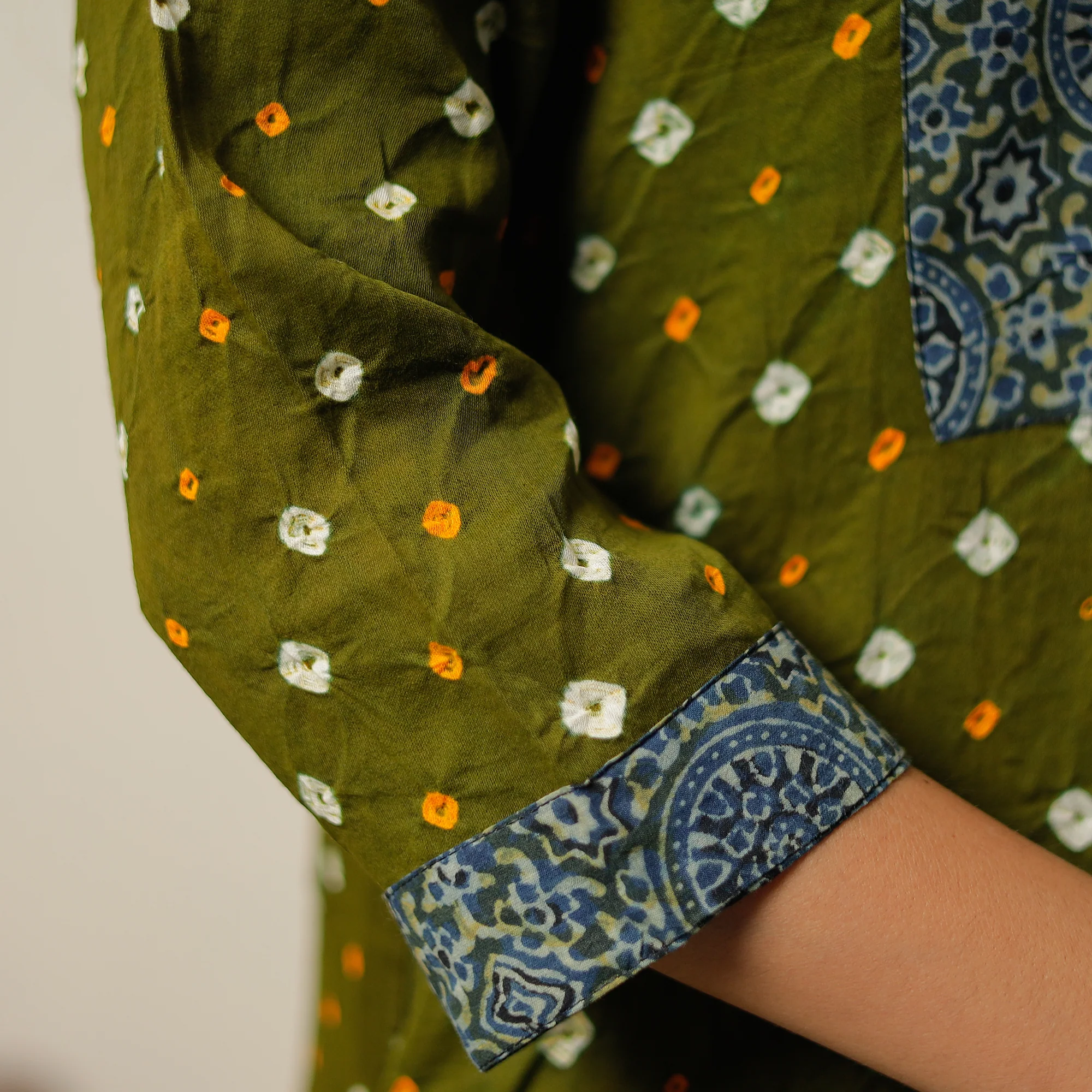 Olive Green - Bandhani Tie-dye Cotton Long Straight Kurta 03 - Image 6