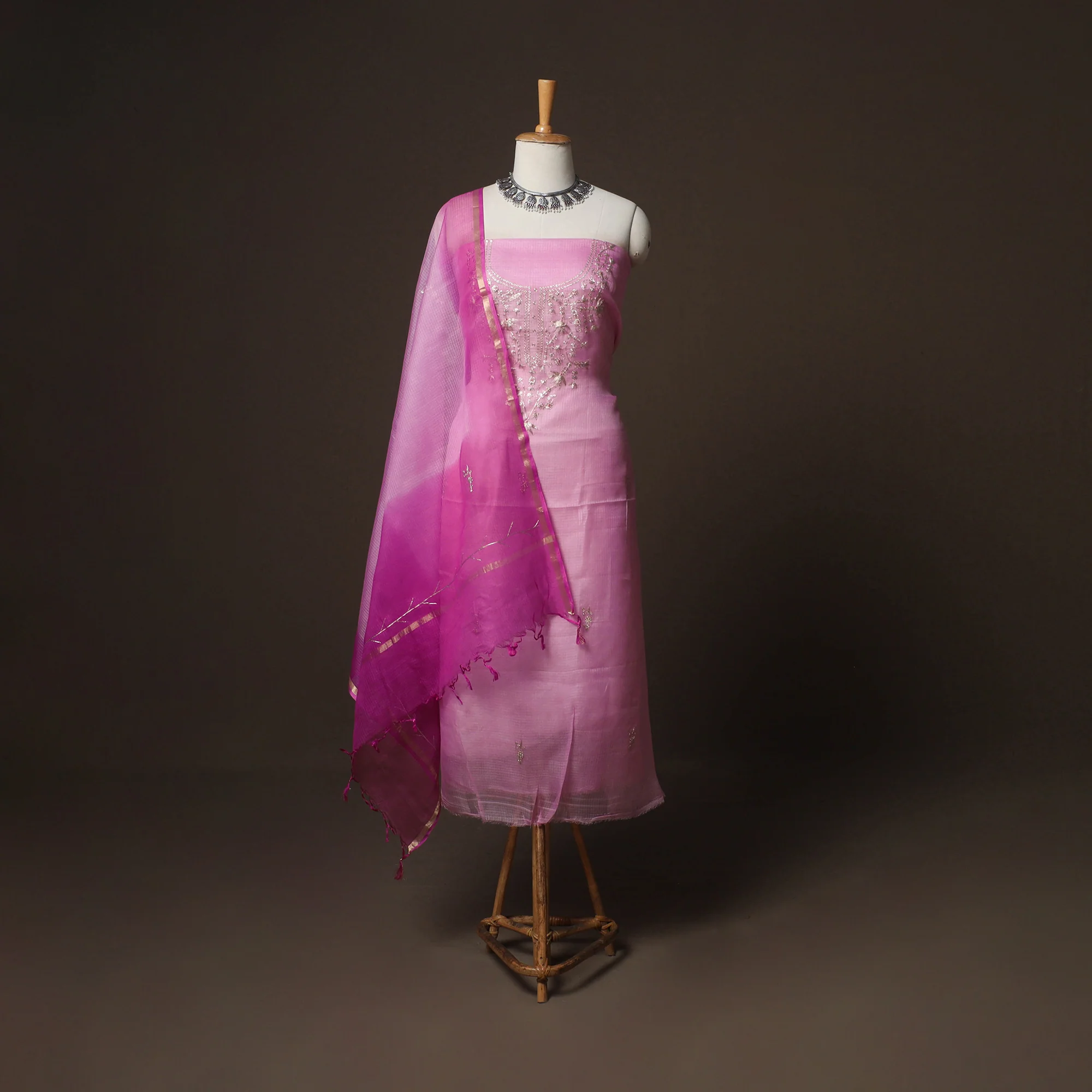Purple - 3pc Kota Doria Silk Dress Material with Pitta Work
