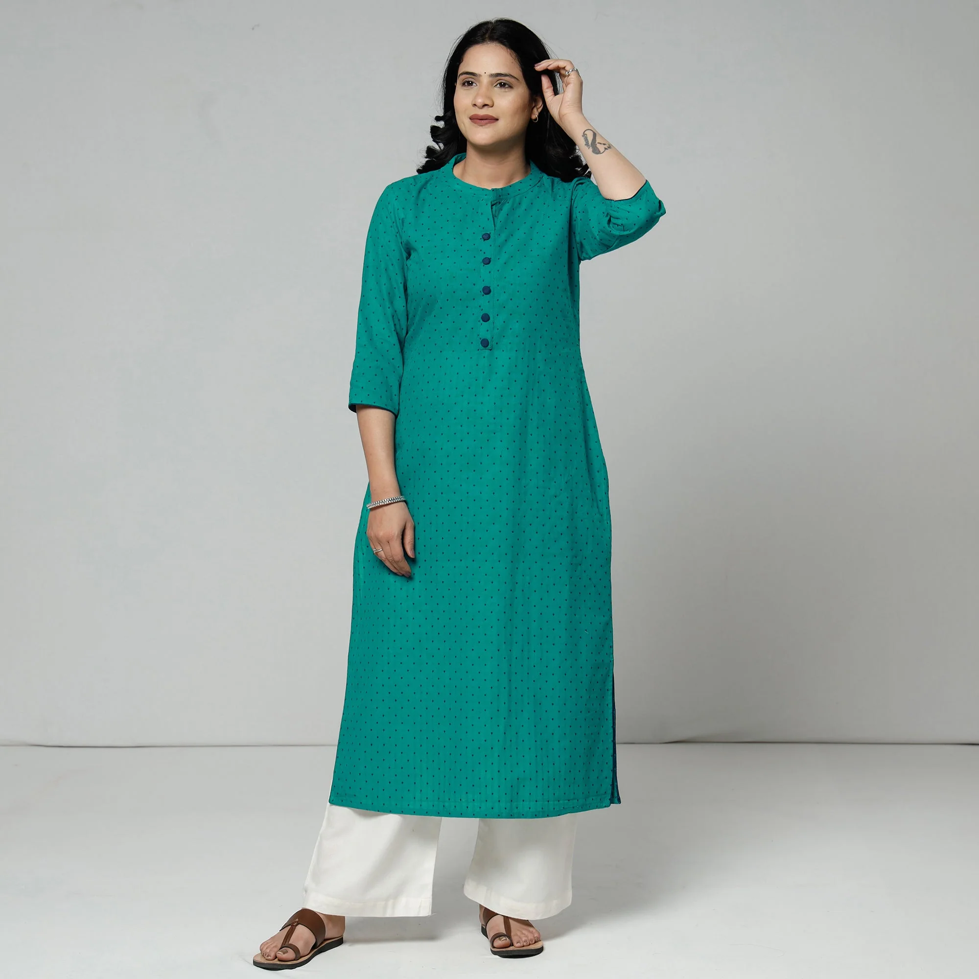 Persian Green - Jacquard Cotton Long Straight Kurta - Image 2