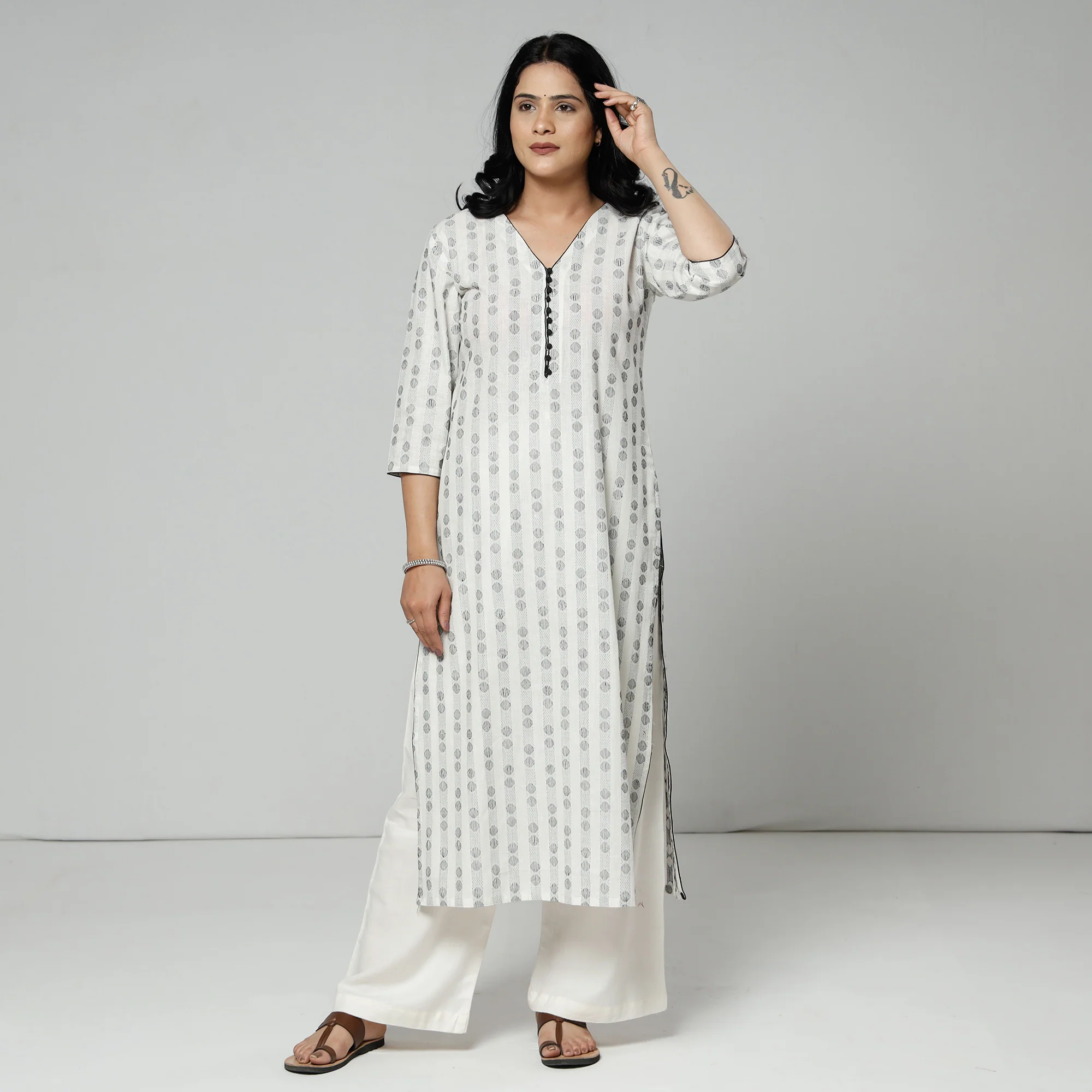 White - Jacquard Cotton Long Straight Kurta - Image 2