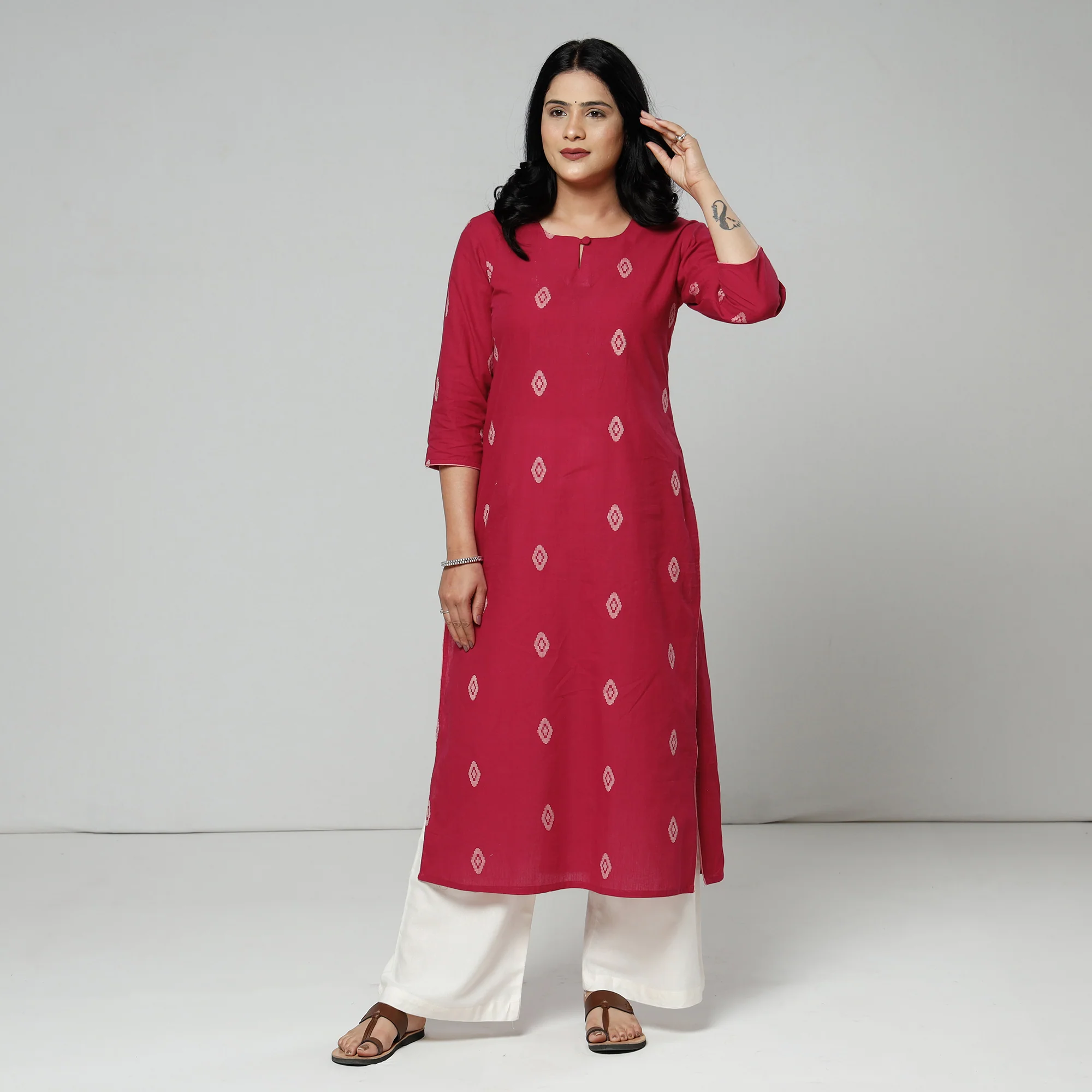 Dark Pink Jacquard Cotton Straight Long Kurta - Image 2
