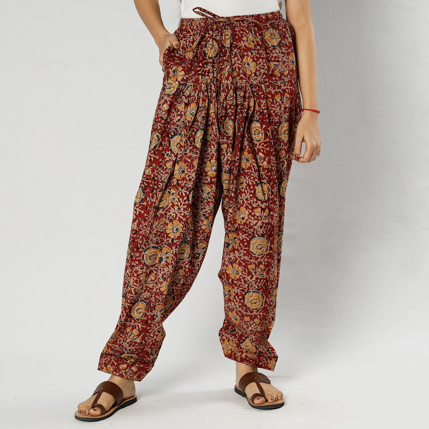 Maroon - Pedana Kalamkari Block Printing Cotton Elasticated Salwar - Image 2