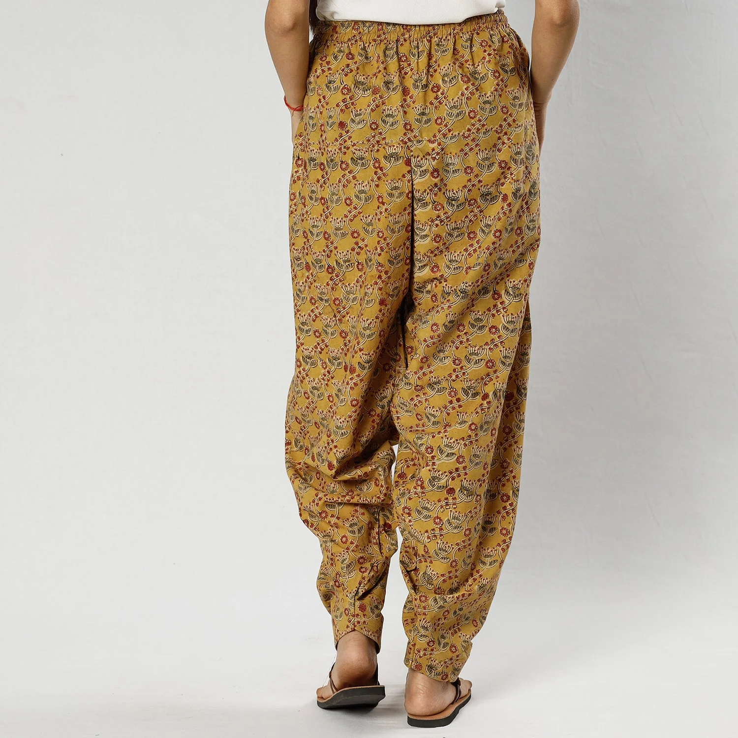 Yellow - Pedana Kalamkari Block Printing Cotton Elasticated Salwar - Image 4