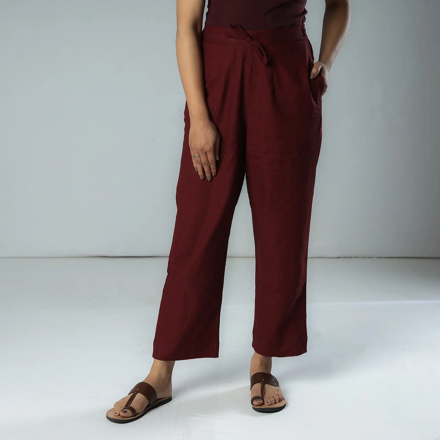 Maroon - Texture Plain Dyed Cotton Relaxed Fit Pant