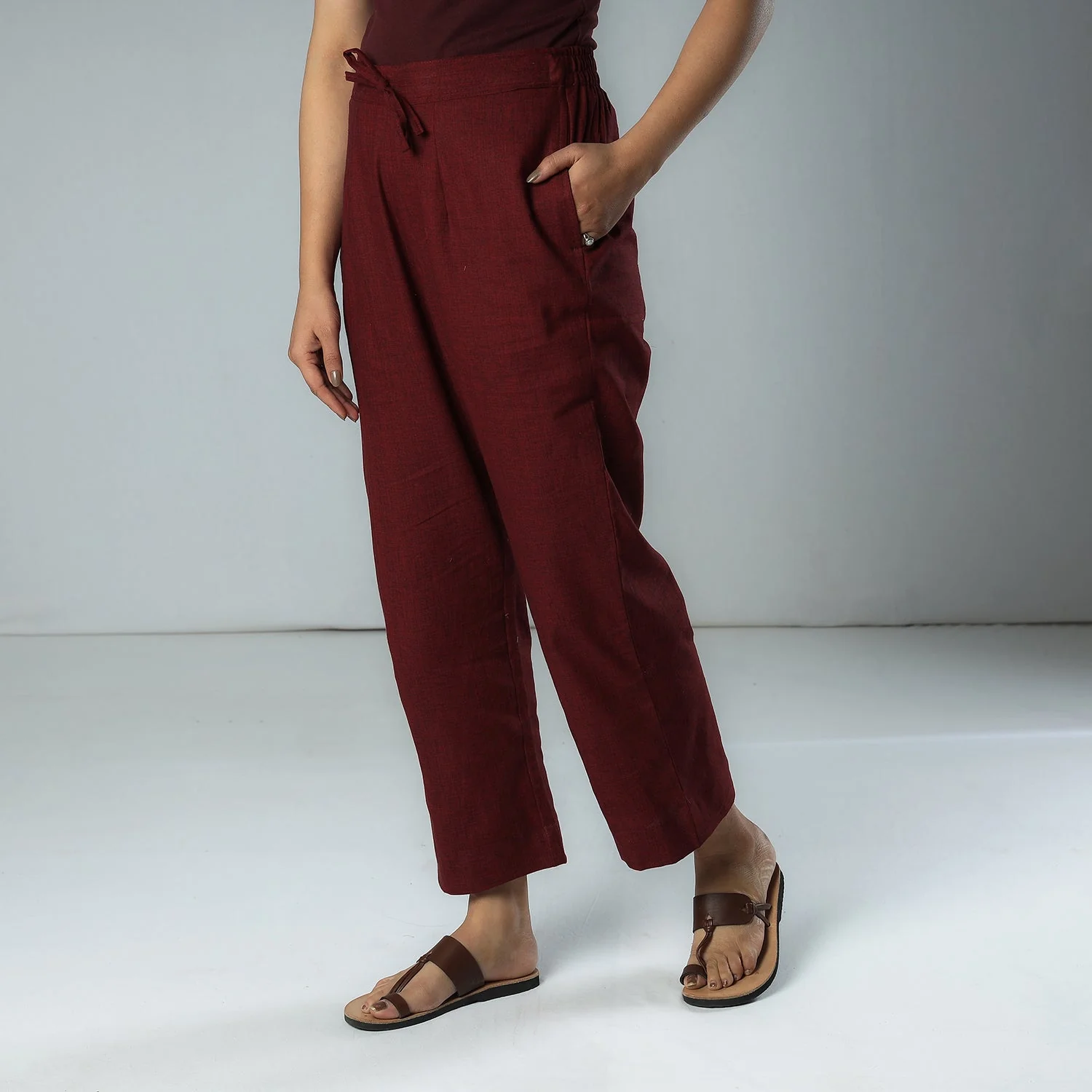 Maroon - Texture Plain Dyed Cotton Relaxed Fit Pant - Image 2