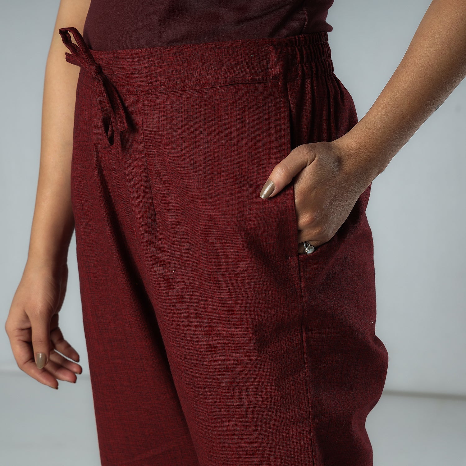 Maroon - Texture Plain Dyed Cotton Relaxed Fit Pant - Image 3