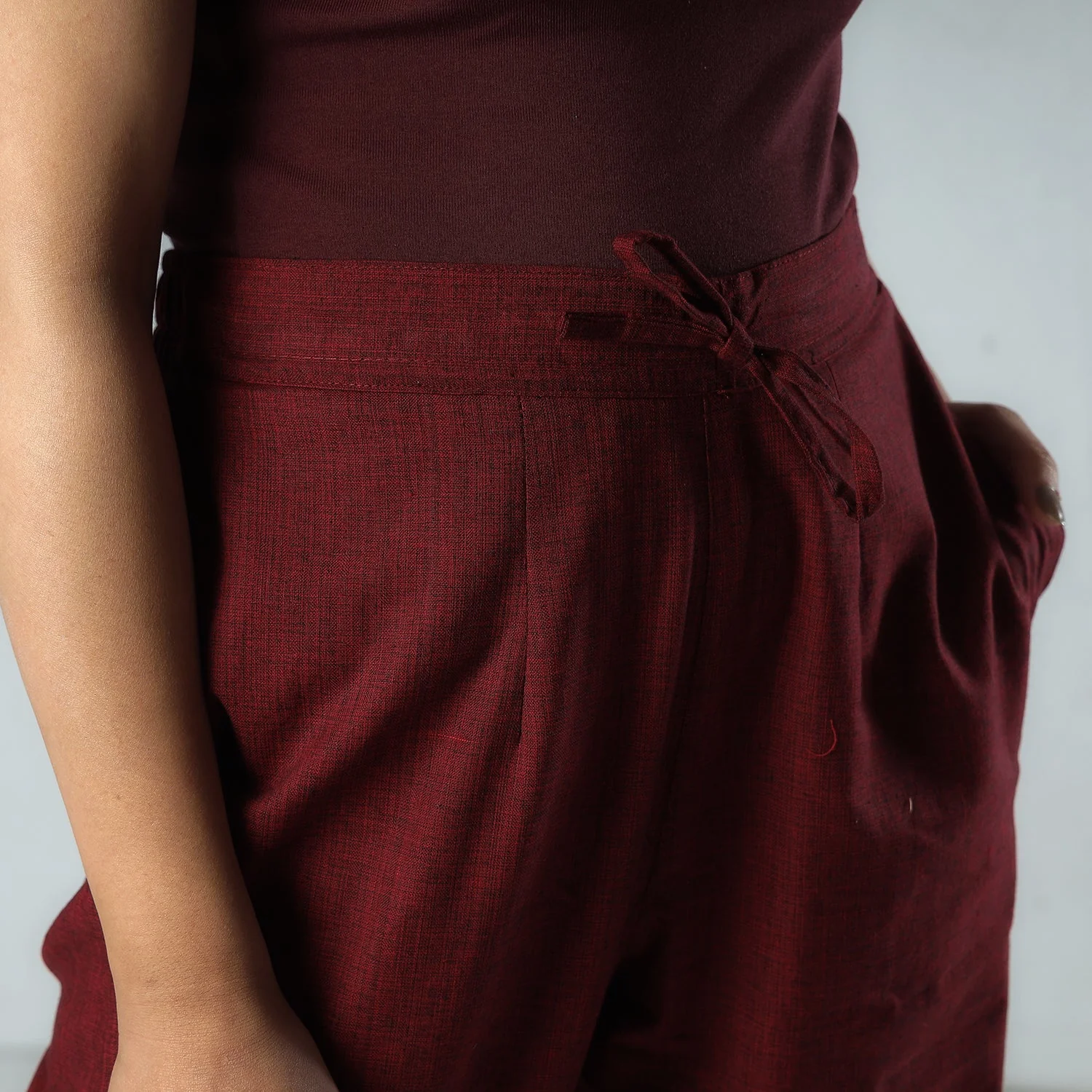 Maroon - Texture Plain Dyed Cotton Relaxed Fit Pant - Image 4