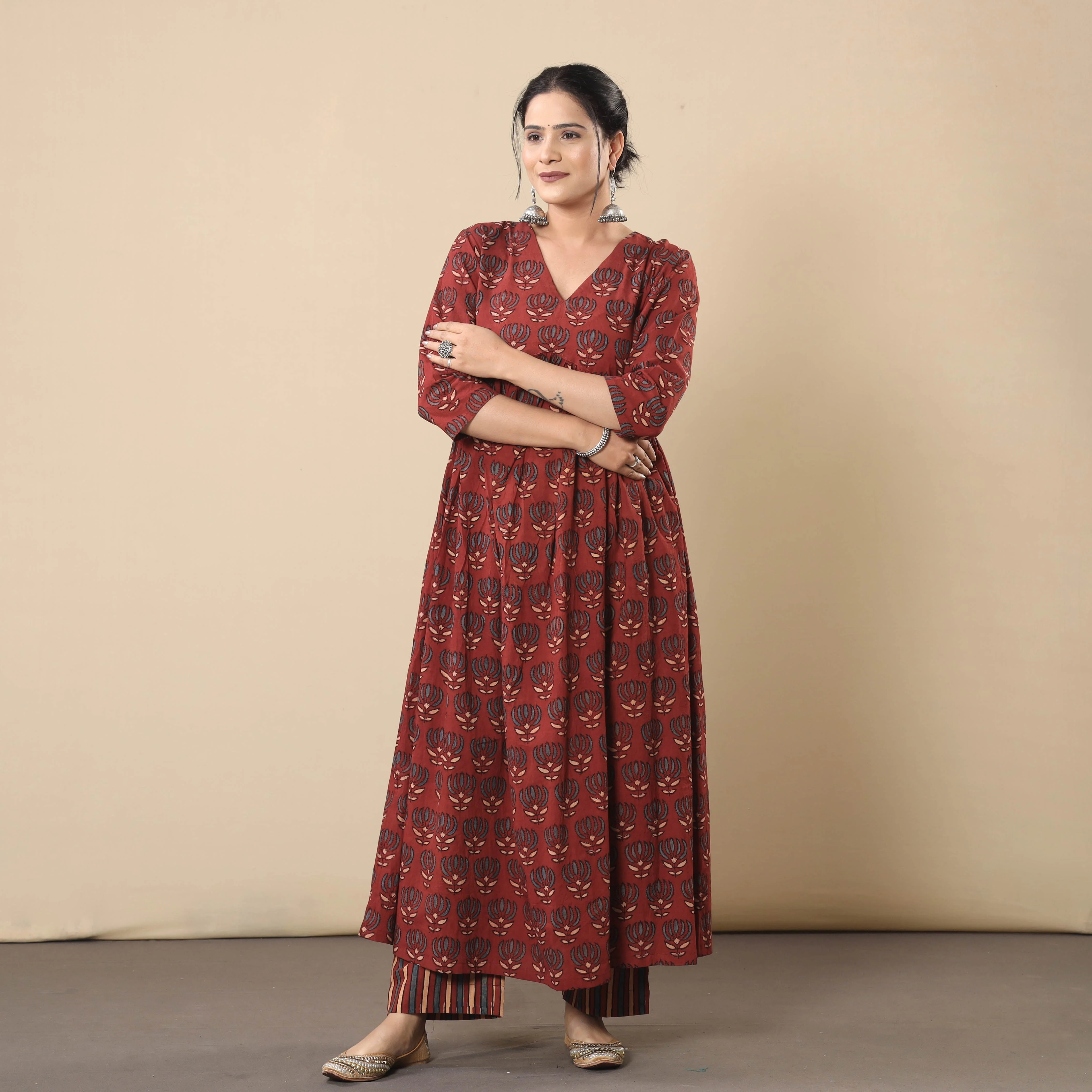 Maroon - Block Print Cotton Flared Gher Ajrakh Kurta with Pant Set 12