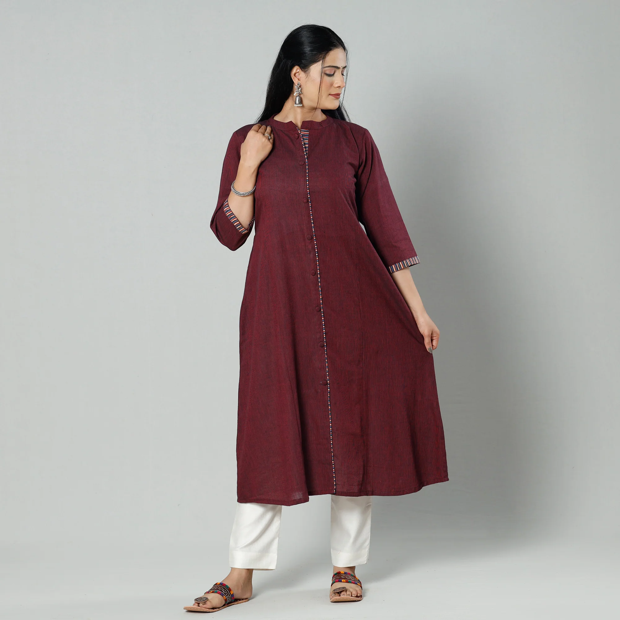 Dark Maroon Plain Cotton Long Kurta