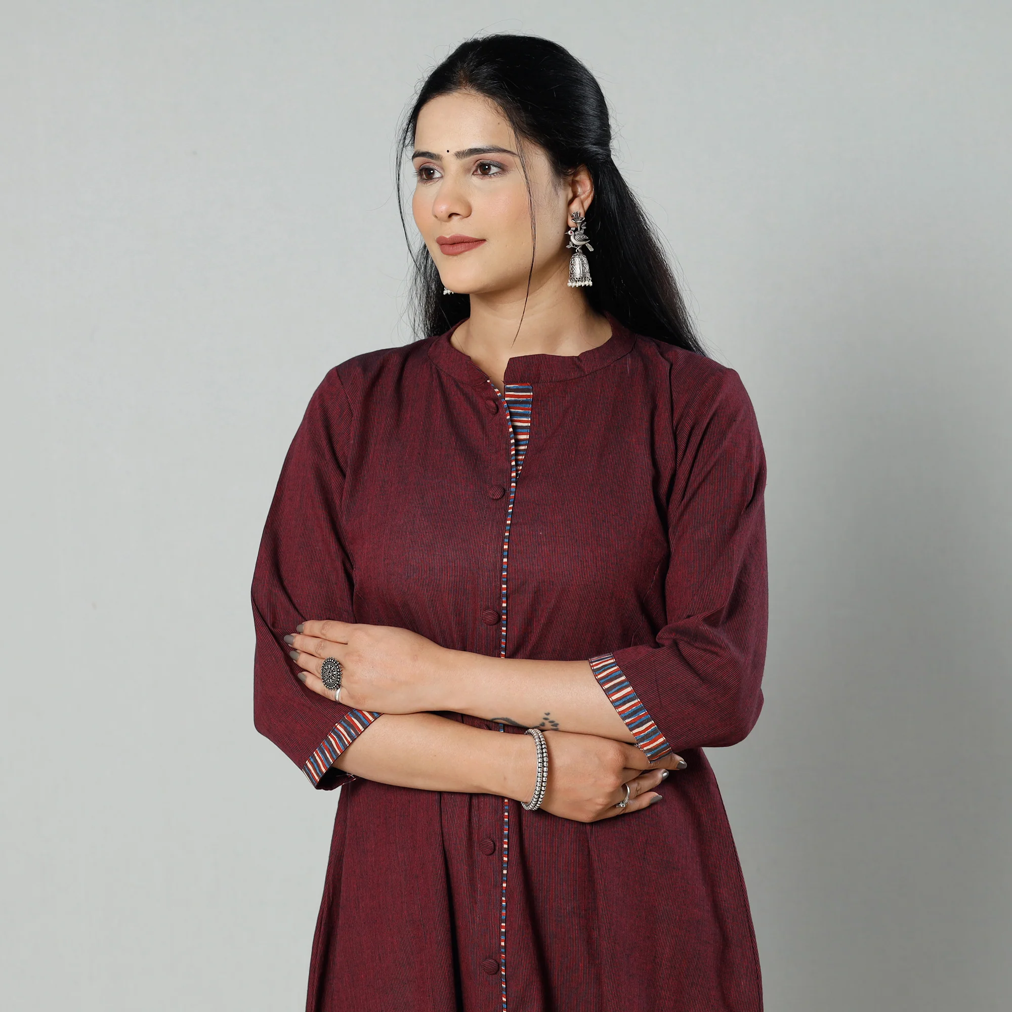 Dark Maroon Plain Cotton Long Kurta - Image 2