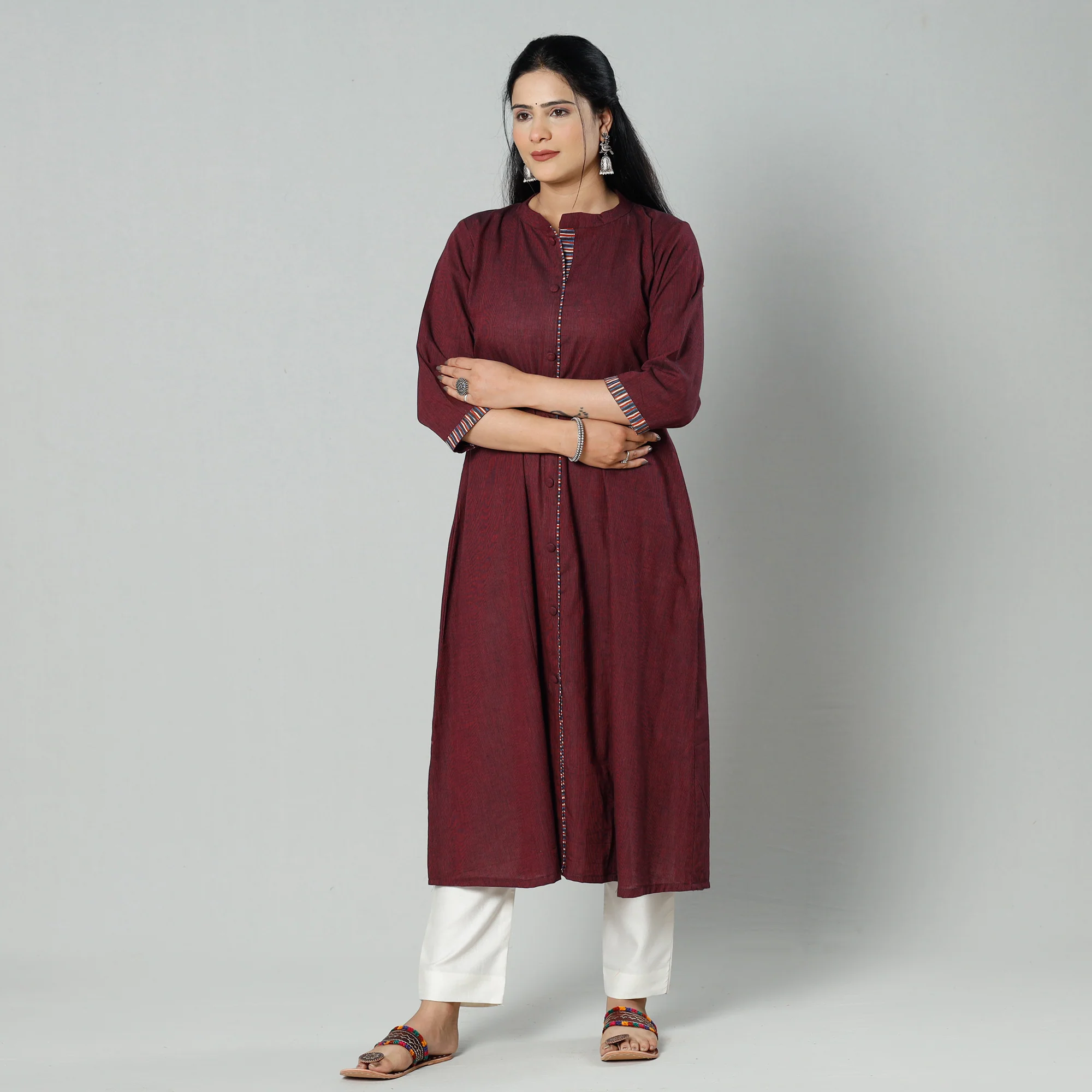 Dark Maroon Plain Cotton Long Kurta - Image 3