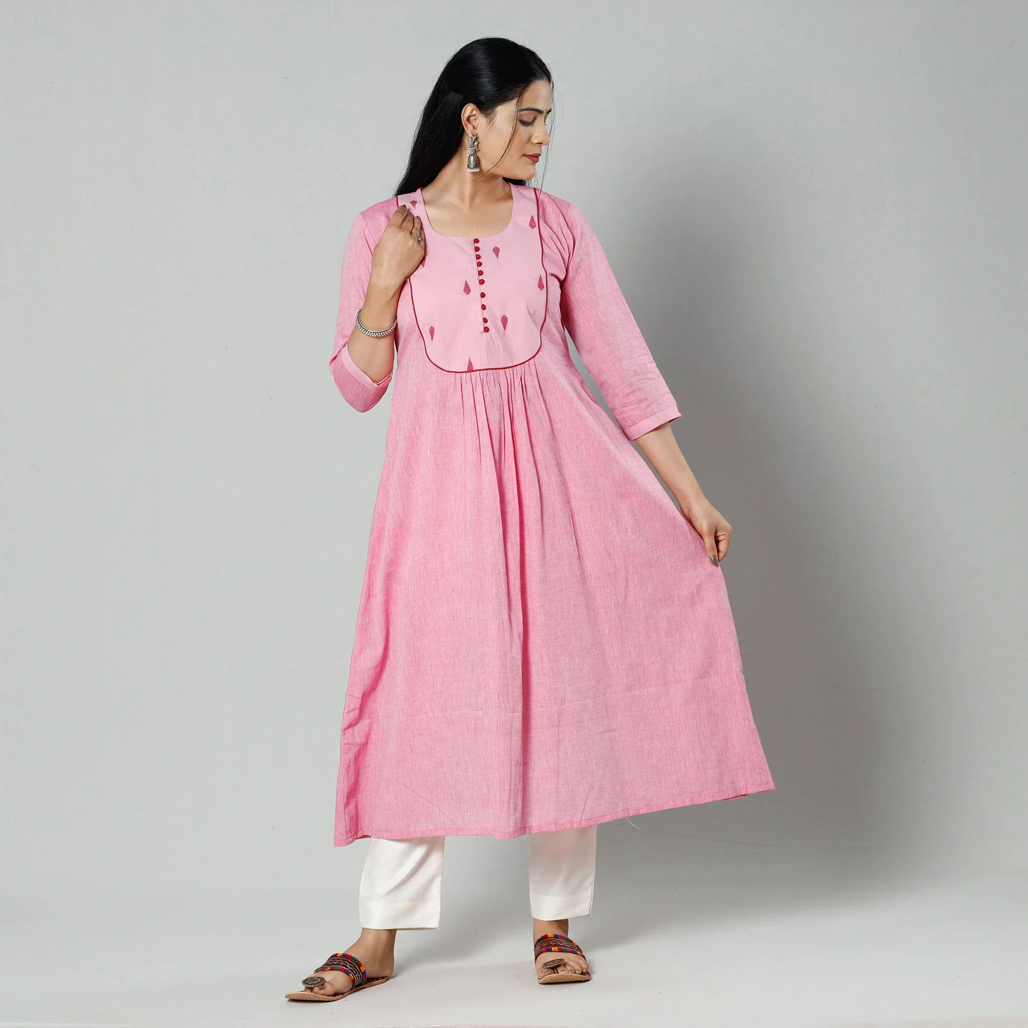 Light Pink Plain Cotton Long Kurta