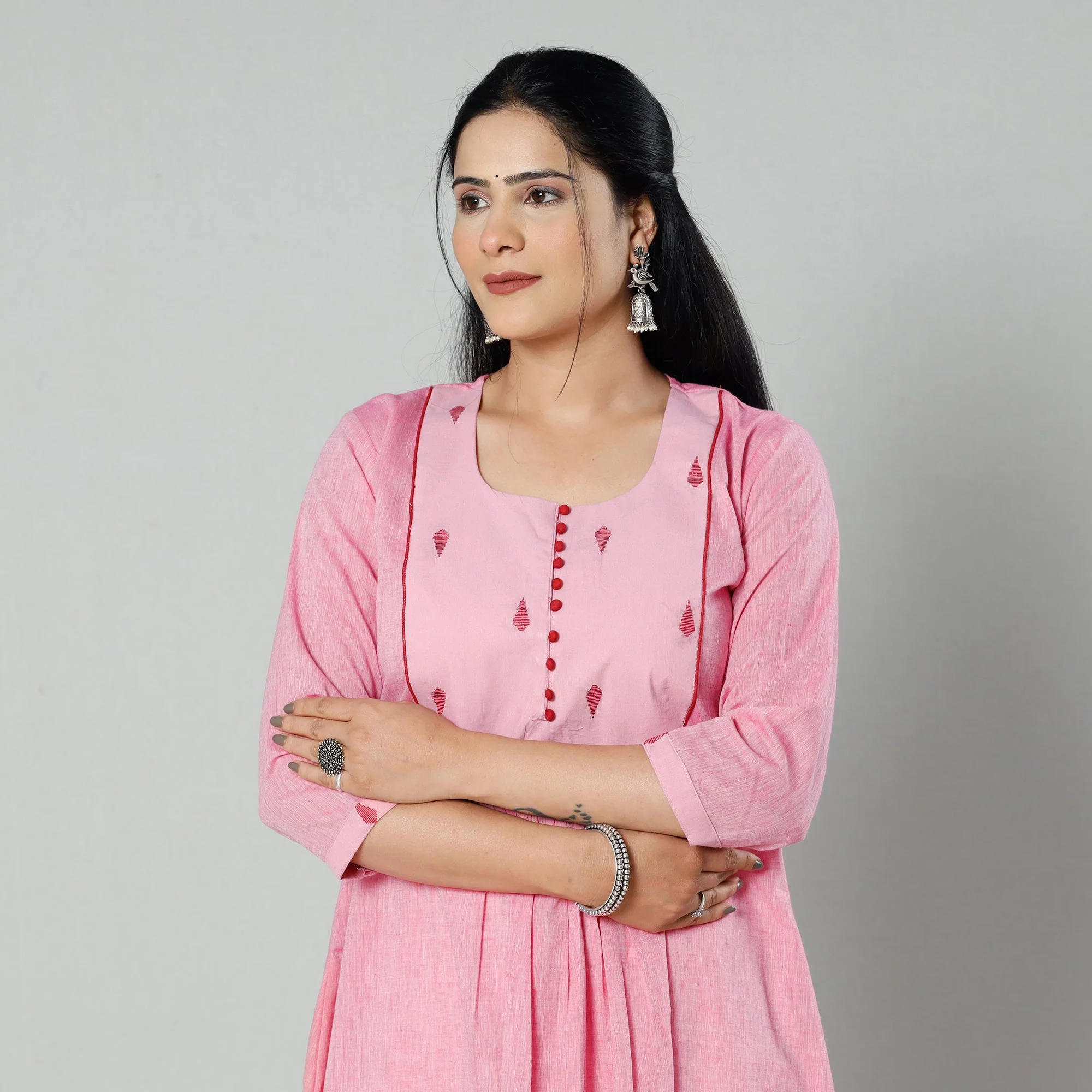 Light Pink Plain Cotton Long Kurta - Image 2