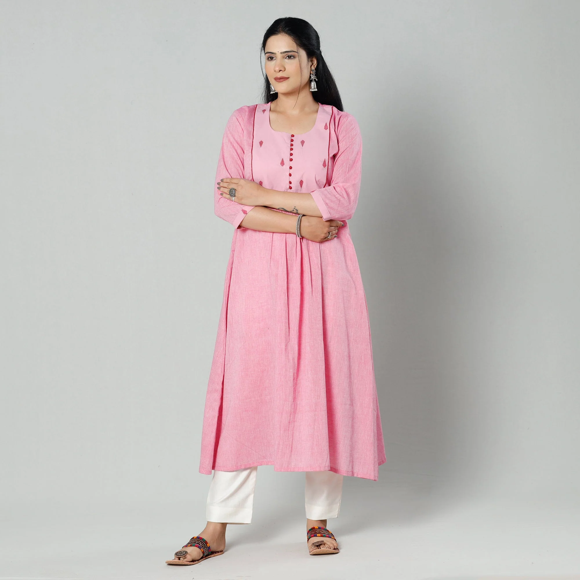 Light Pink Plain Cotton Long Kurta - Image 3