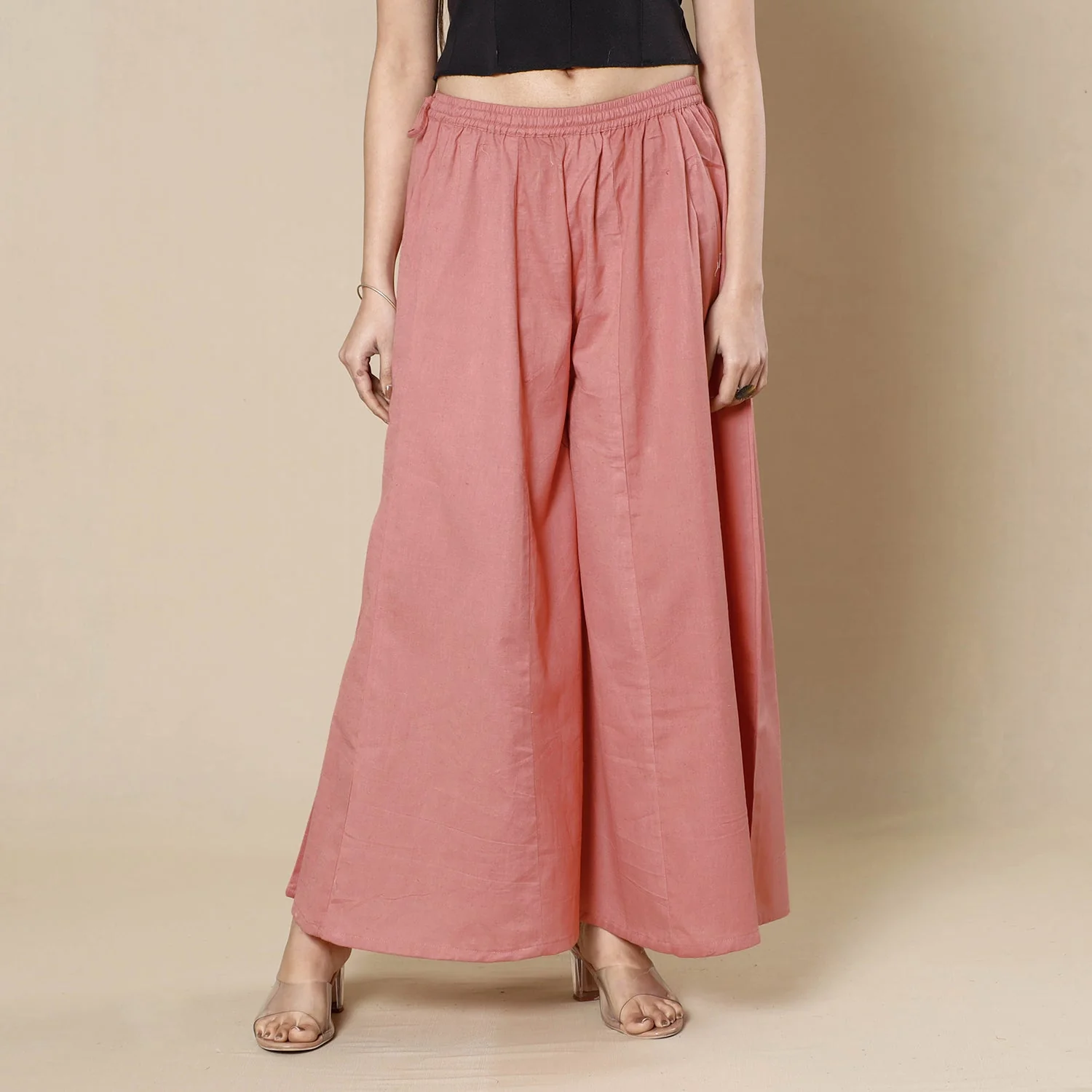 Coral Pink Plain Dyed Cotton Flared Palazzo