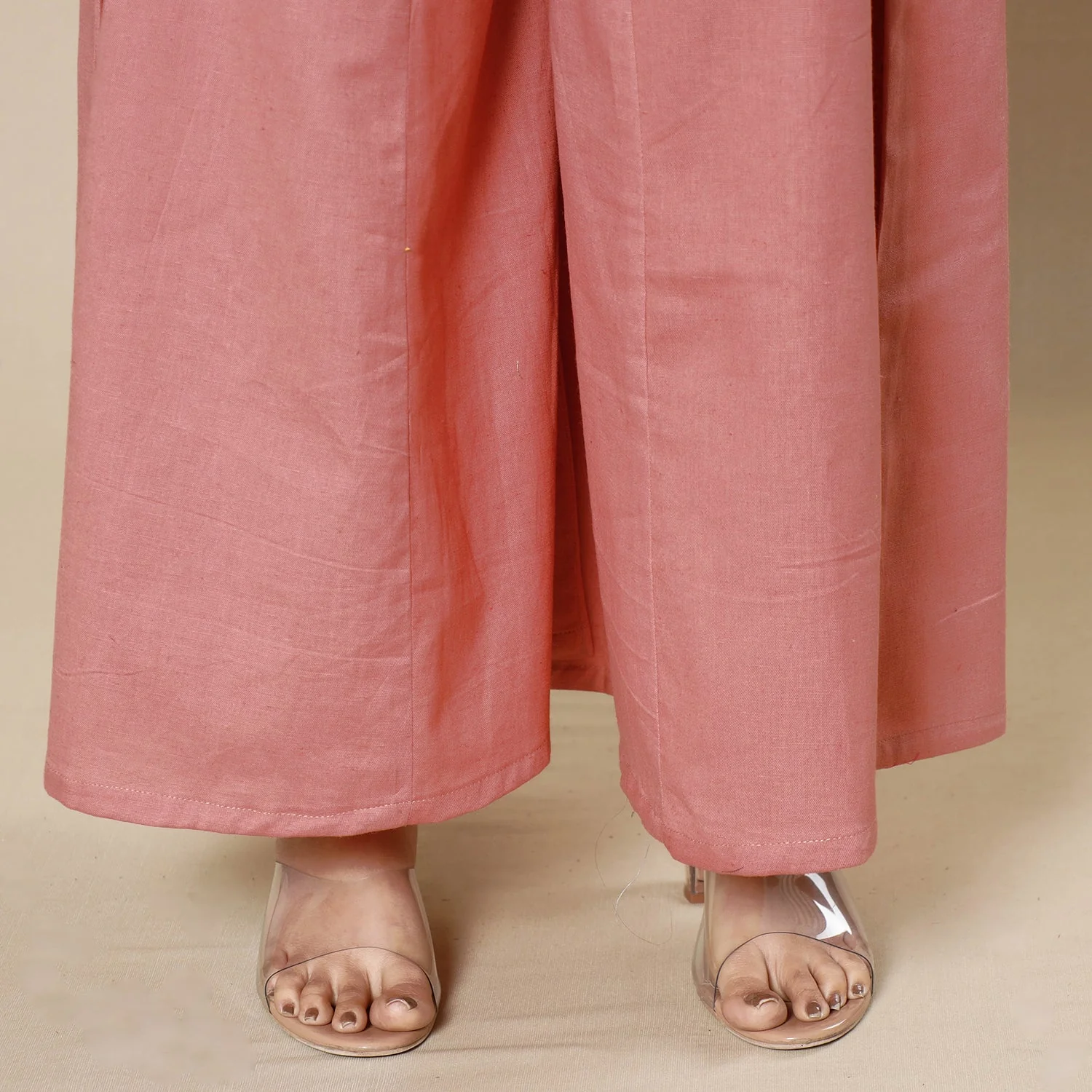 Coral Pink Plain Dyed Cotton Flared Palazzo - Image 4