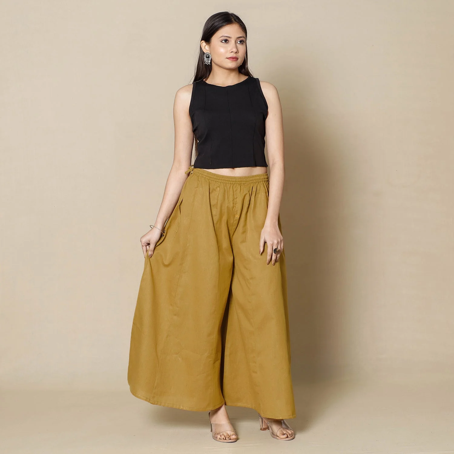 Dijon Yellow Plain Dyed Cotton Flared Palazzo - Image 2