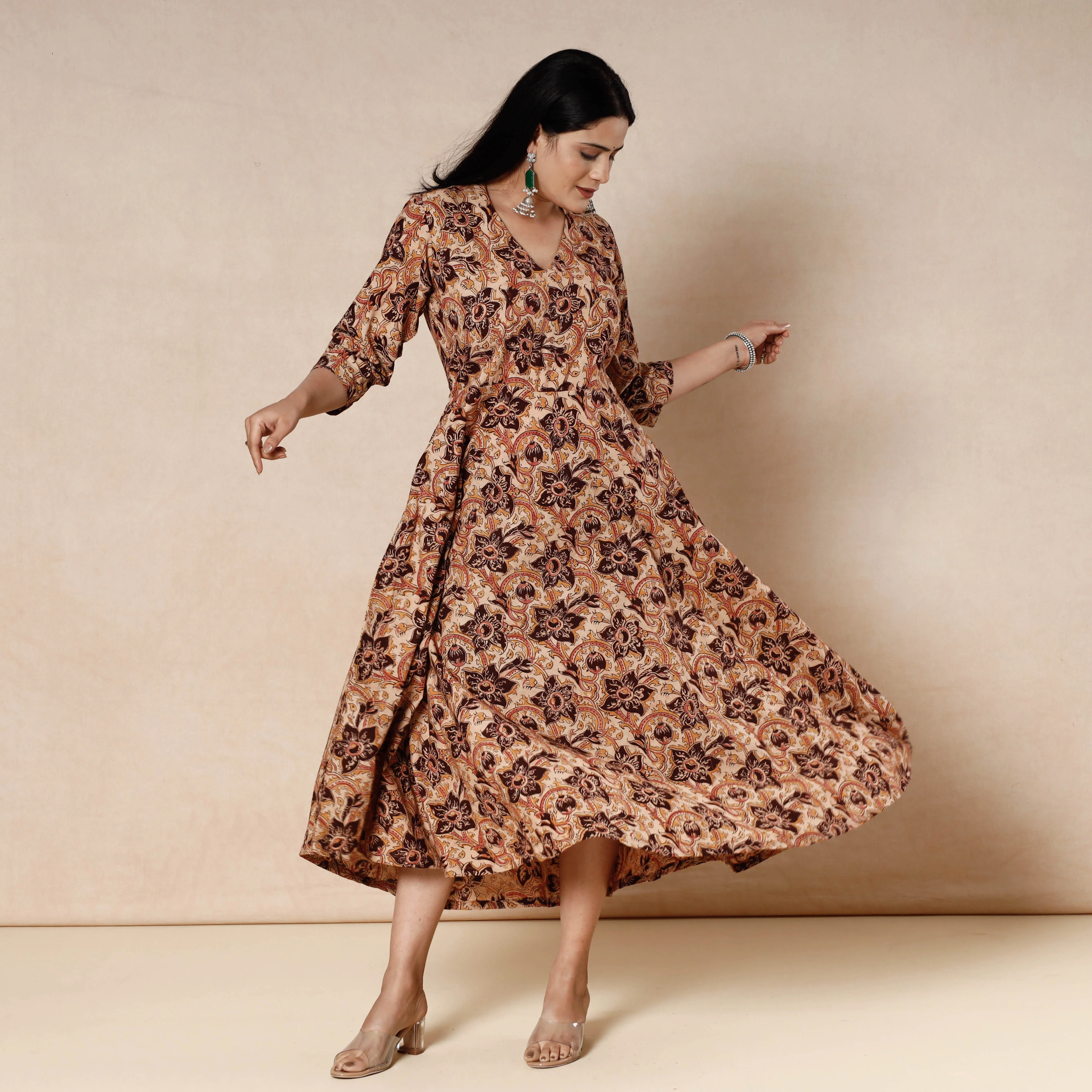 Brown - Kalamkari Block Printed Cotton Flared Gher Dress - Image 4