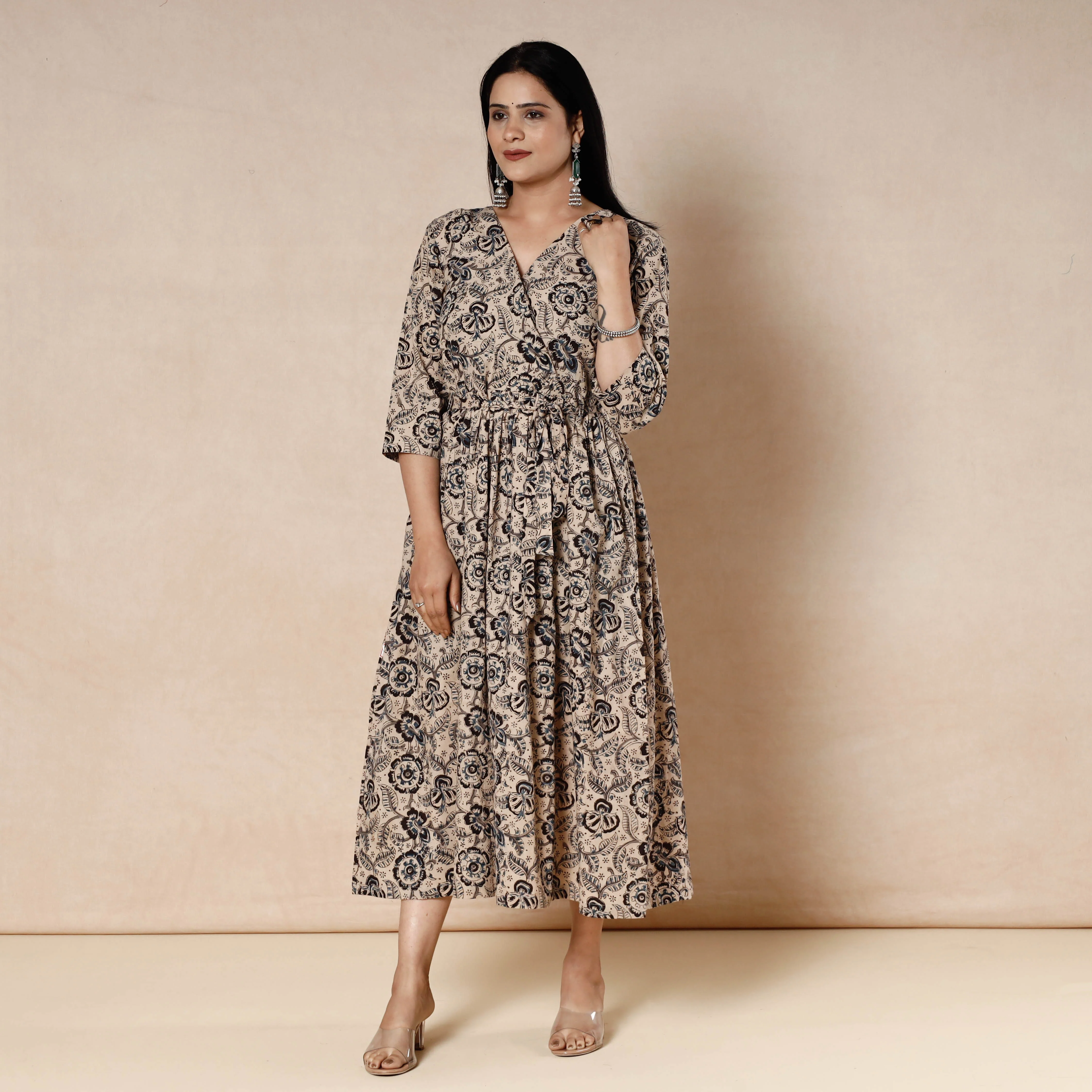 Beige - Kalamkari Block Printed Cotton Flared Dress
