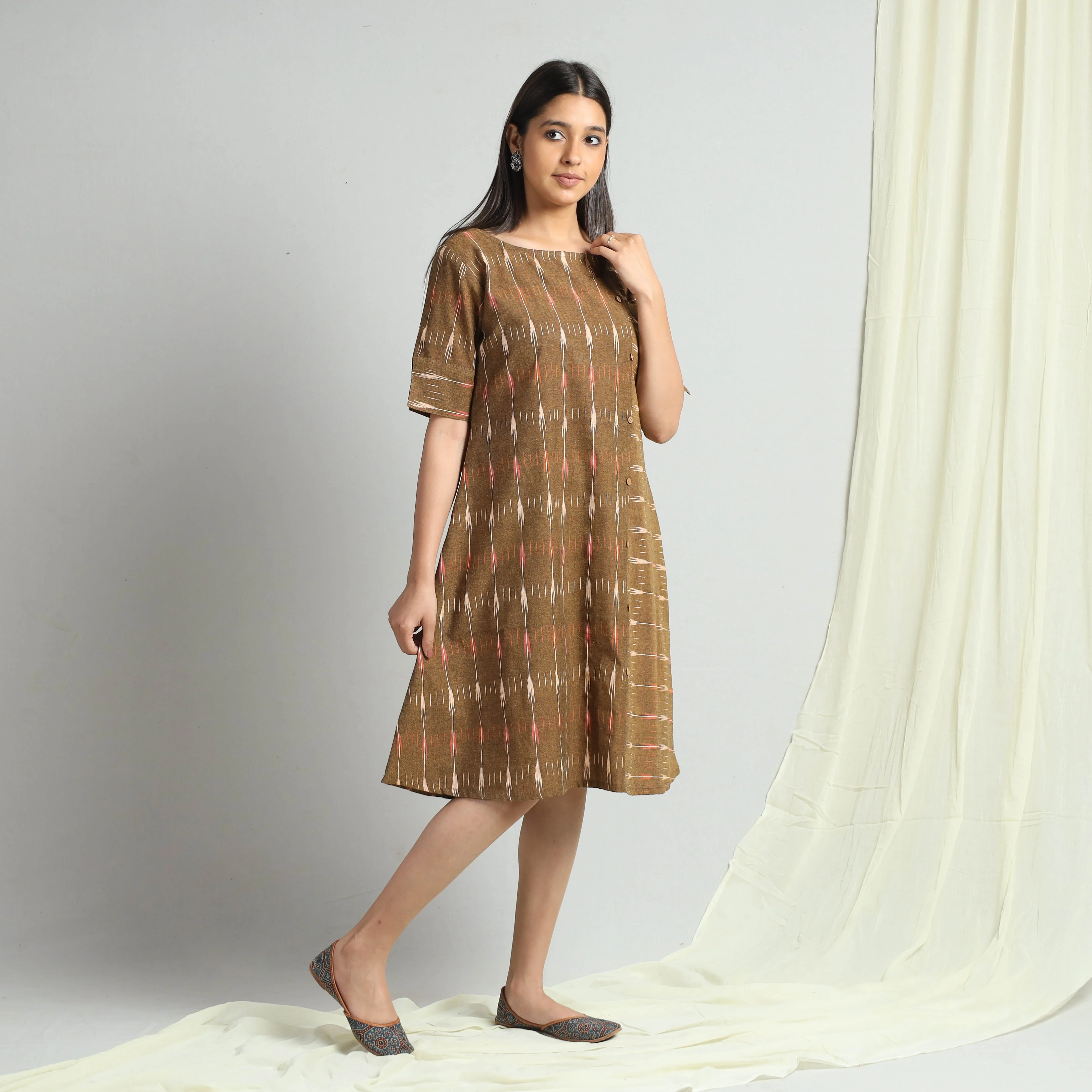 Brown - Pochampally Ikat Weave Cotton Dress - Image 3