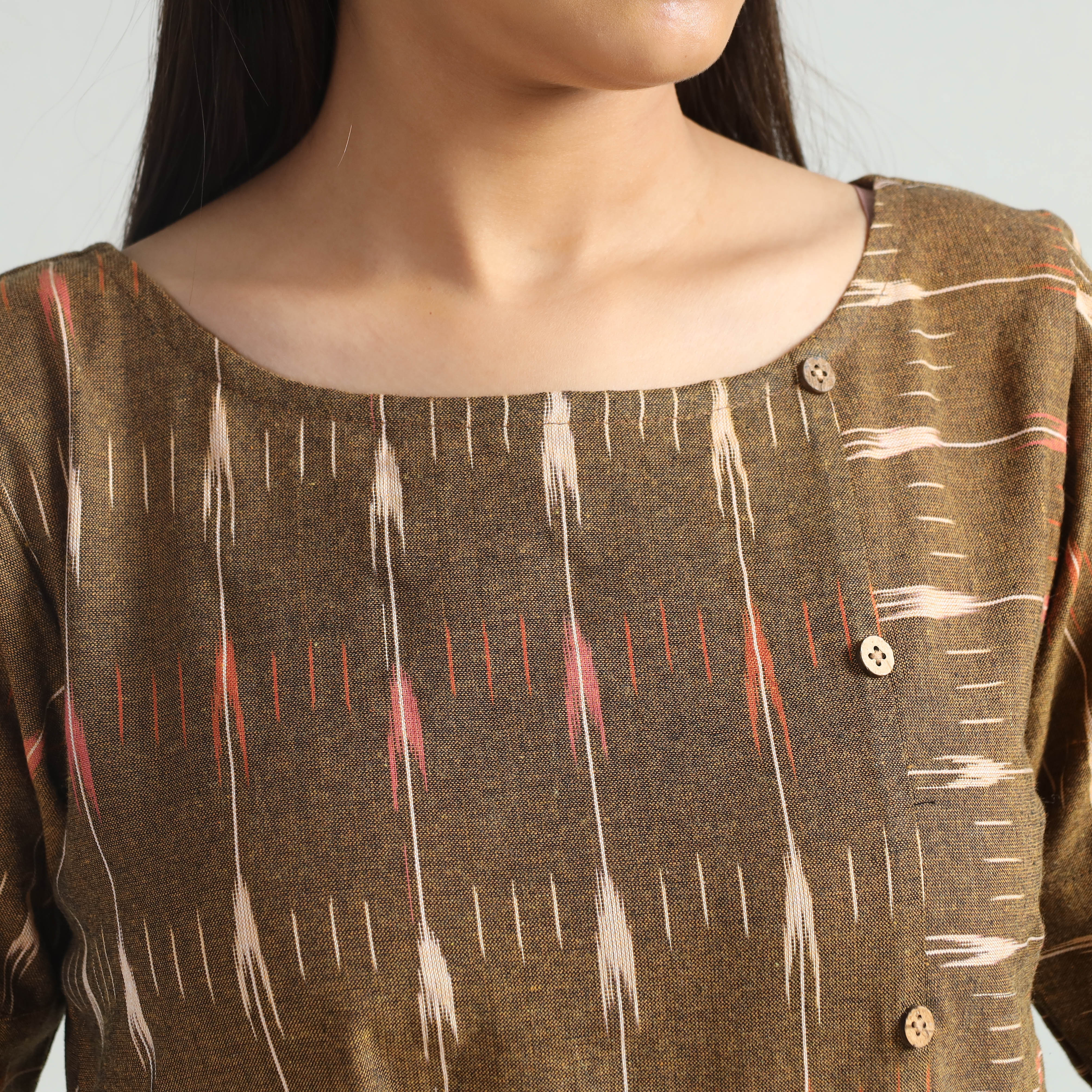 Brown - Pochampally Ikat Weave Cotton Dress - Image 4