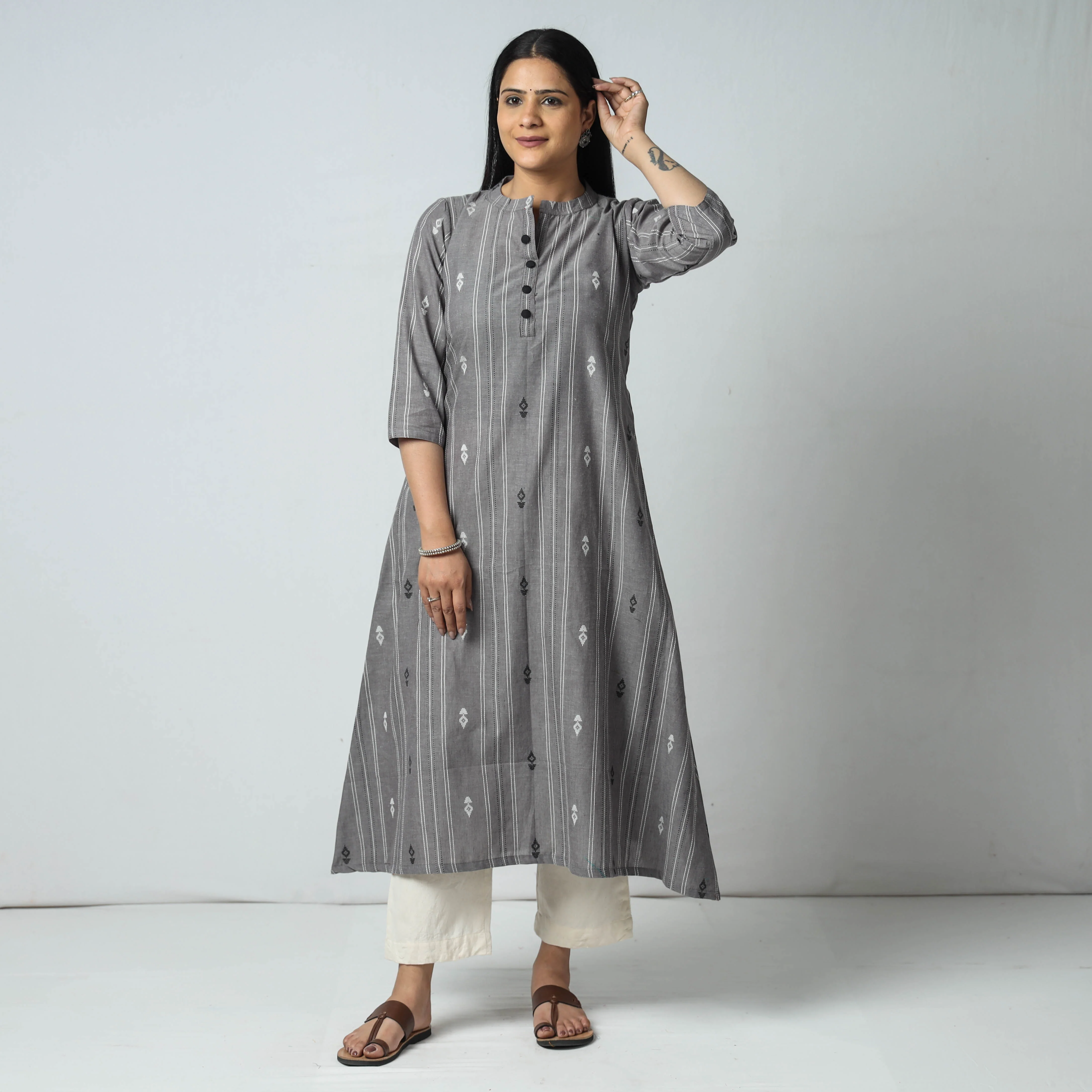 Grey - Cotton A-Line Jacquard Kurta 09 - Image 3
