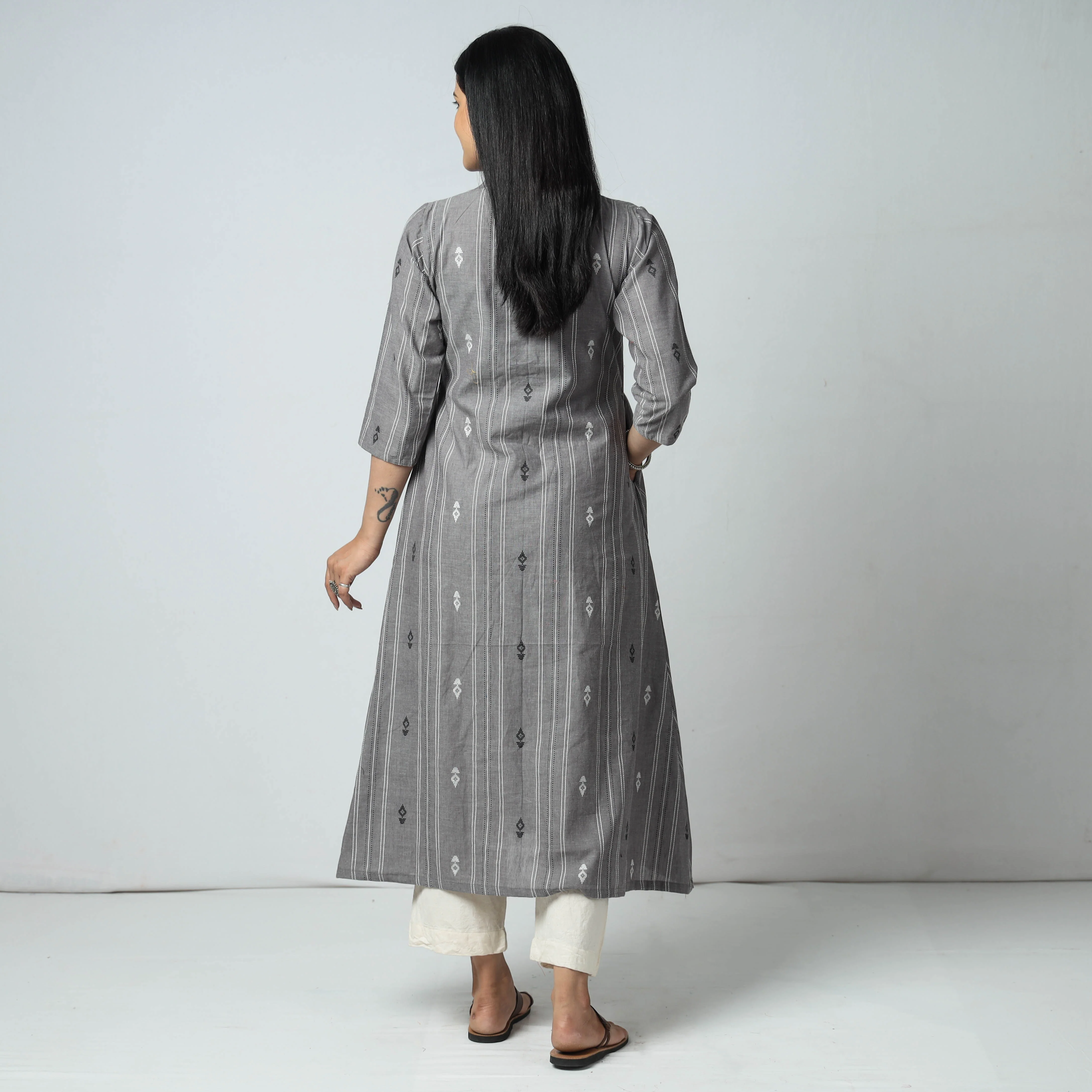 Grey - Cotton A-Line Jacquard Kurta 09 - Image 6