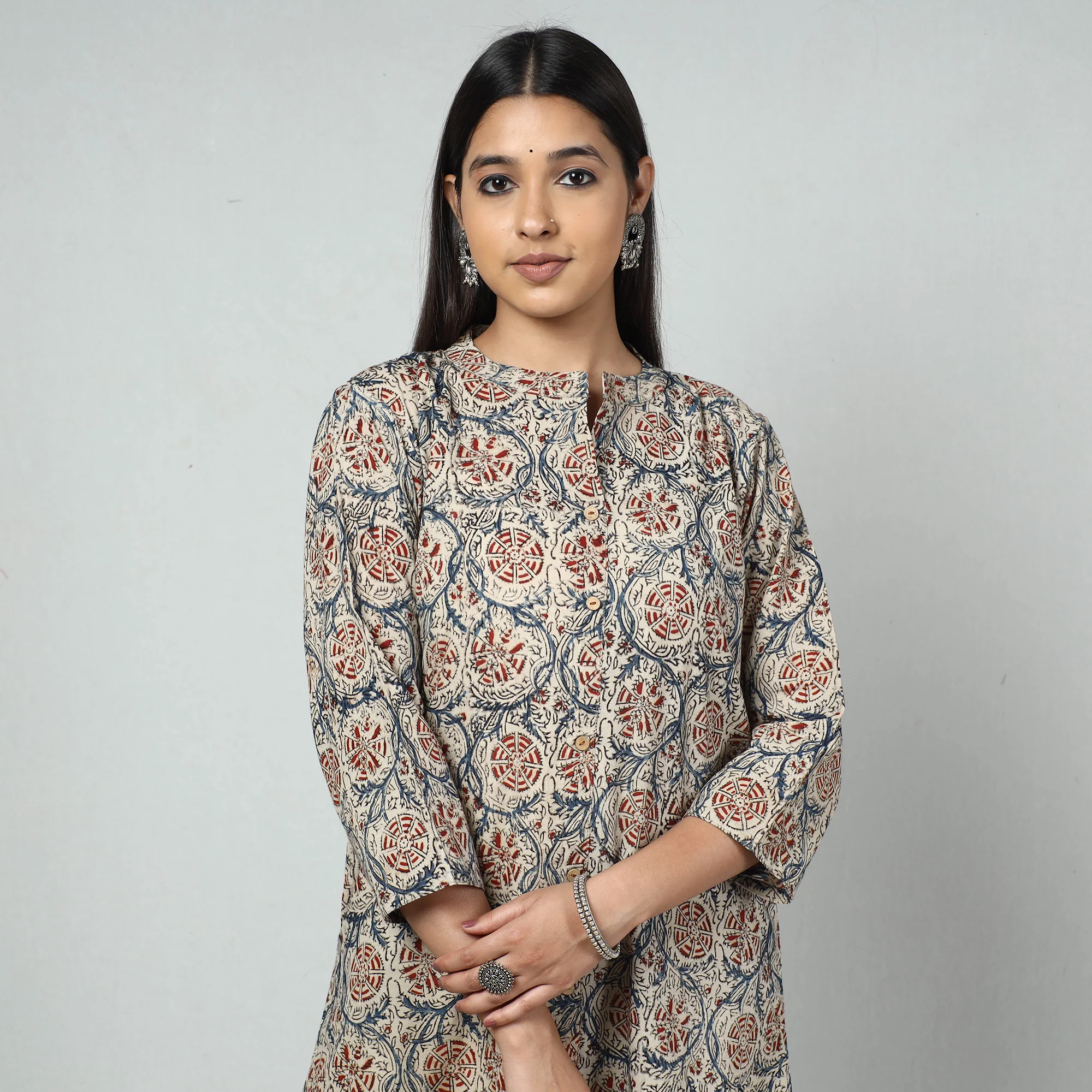Beige - Block Print Cotton A-Line Kalamkari Kurta 03