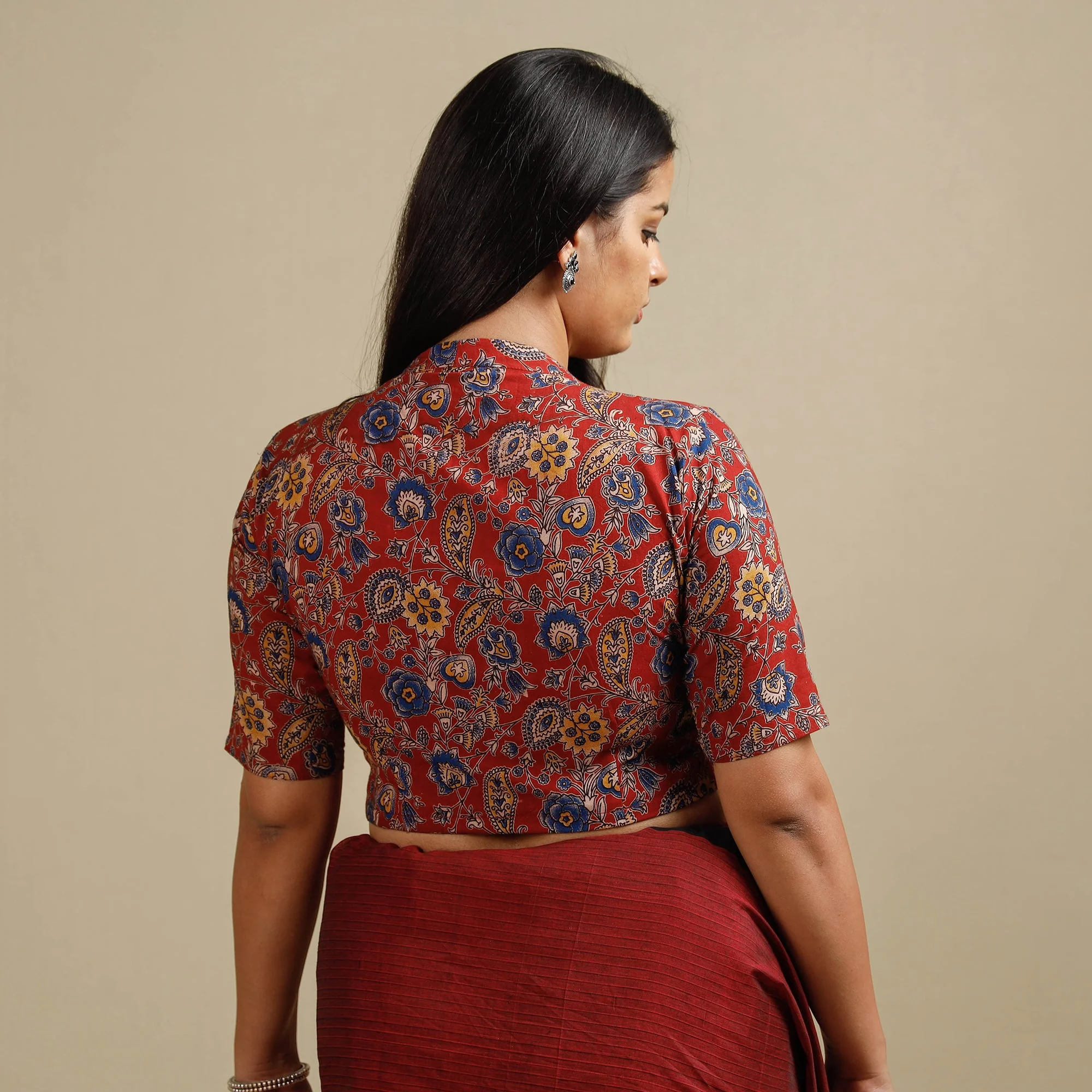 Red - Kalamkari Printed Cotton Stitched Blouse - Image 5