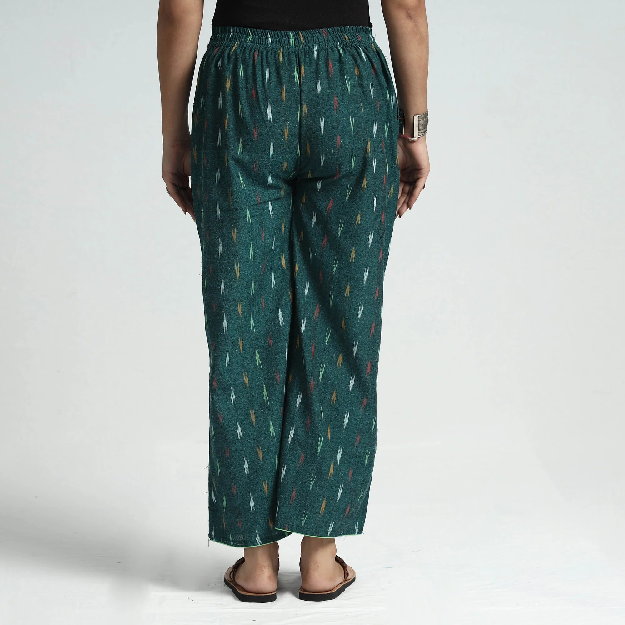 Green - Pochampally Ikat Weave Cotton Elasticated Palazzo - Image 4