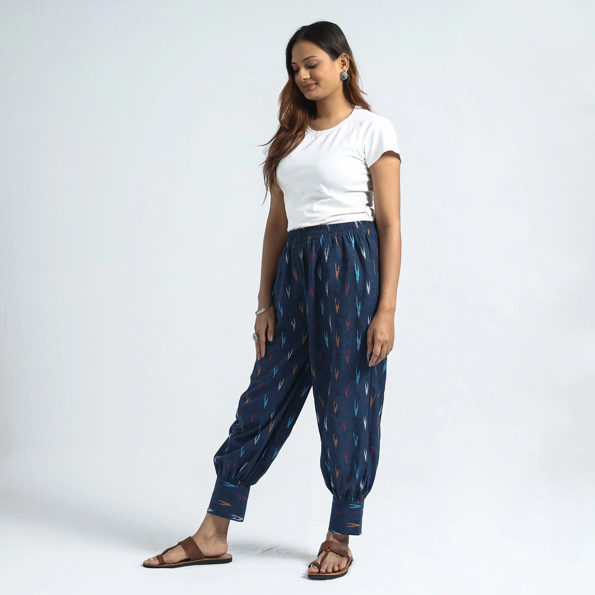 Blue - Pochampally Ikat Weave Cotton Elasticated Harem Pant - Image 2