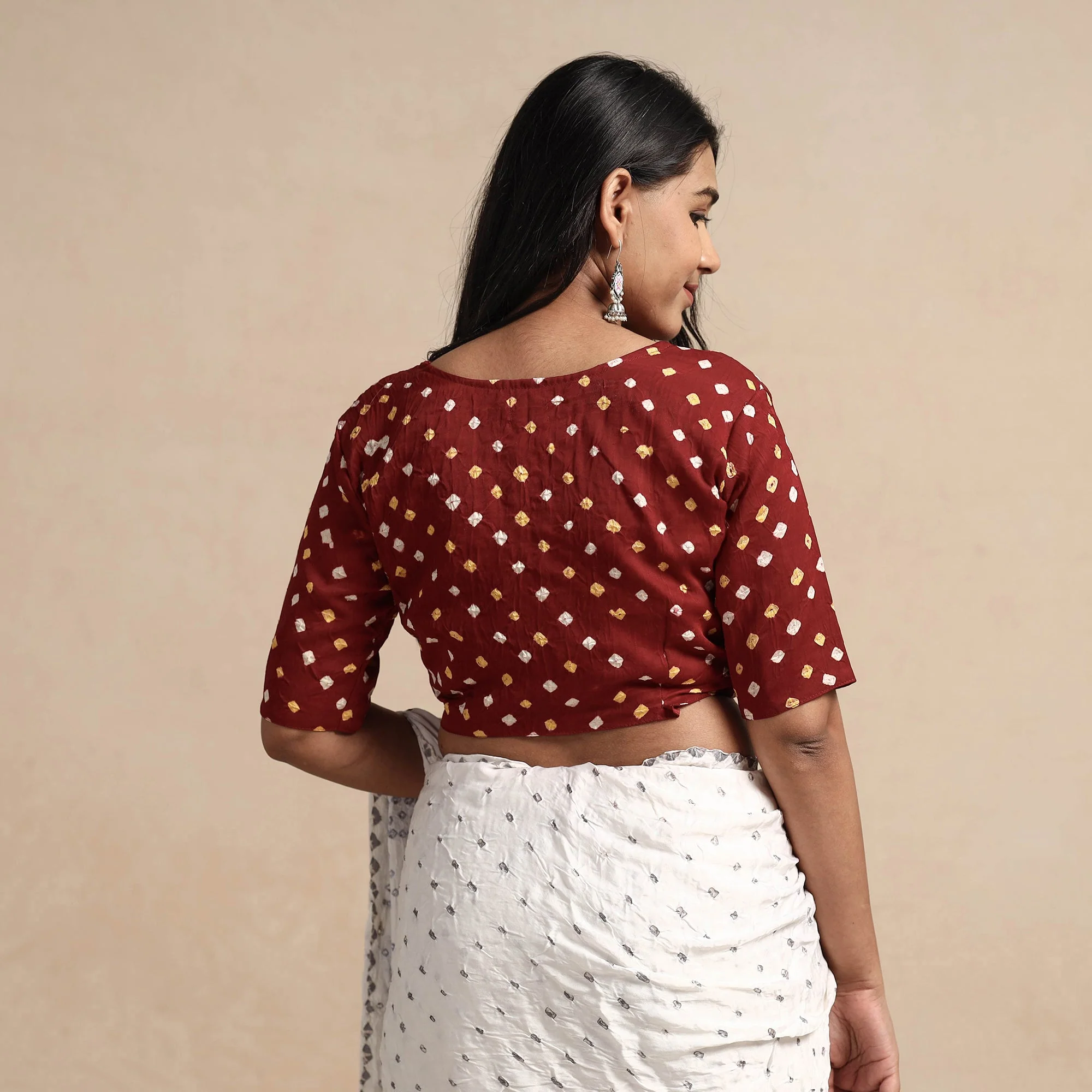 Maroon - Modal Silk Bandhani Tie Dye Stitched Blouse - Image 5