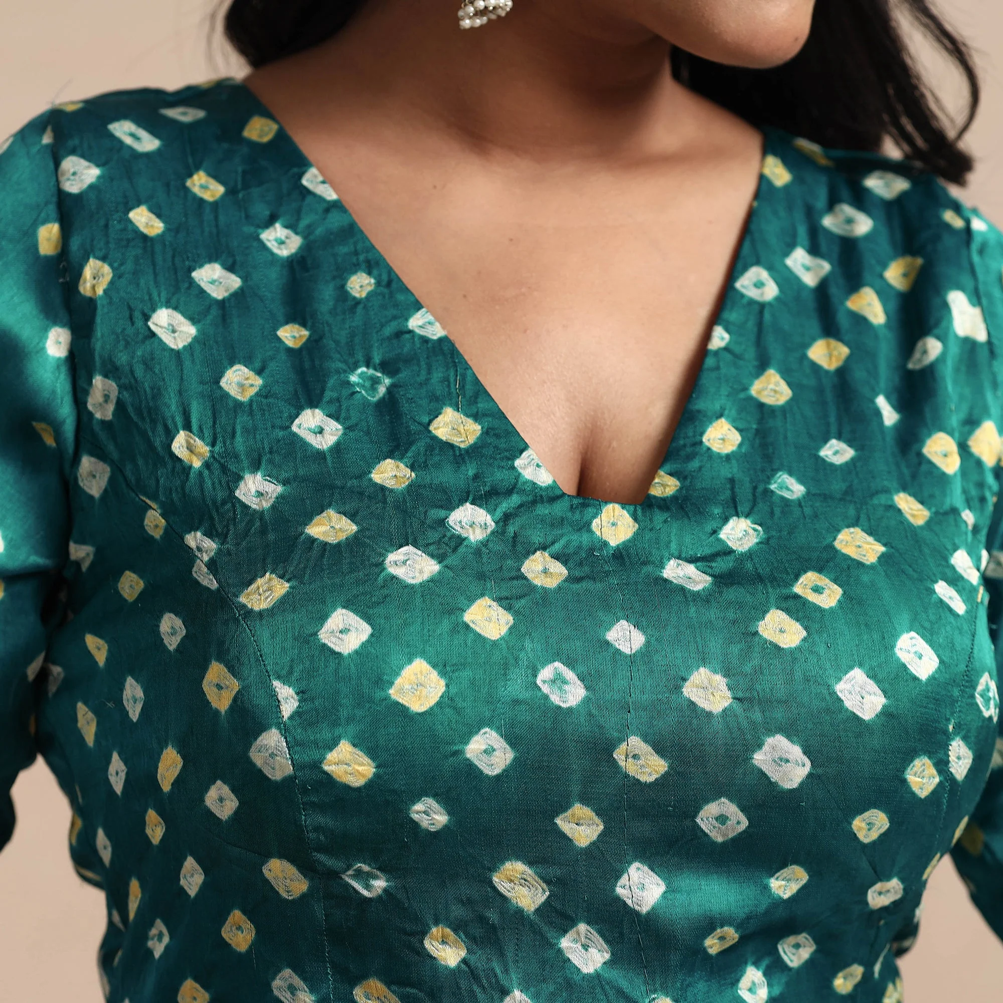 Green - Modal Silk Bandhani Tie Dye Stitched Blouse - Image 3