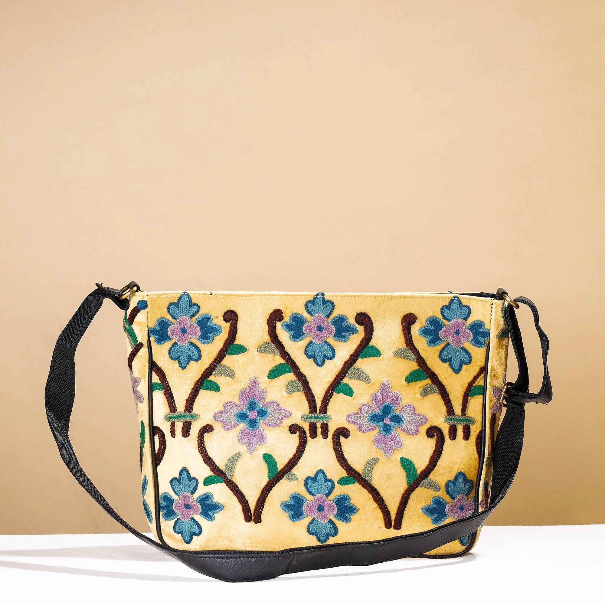 Yellow - Original Crewel Hand Embroidery Leather & Velvet Laptop Bag - Image 3