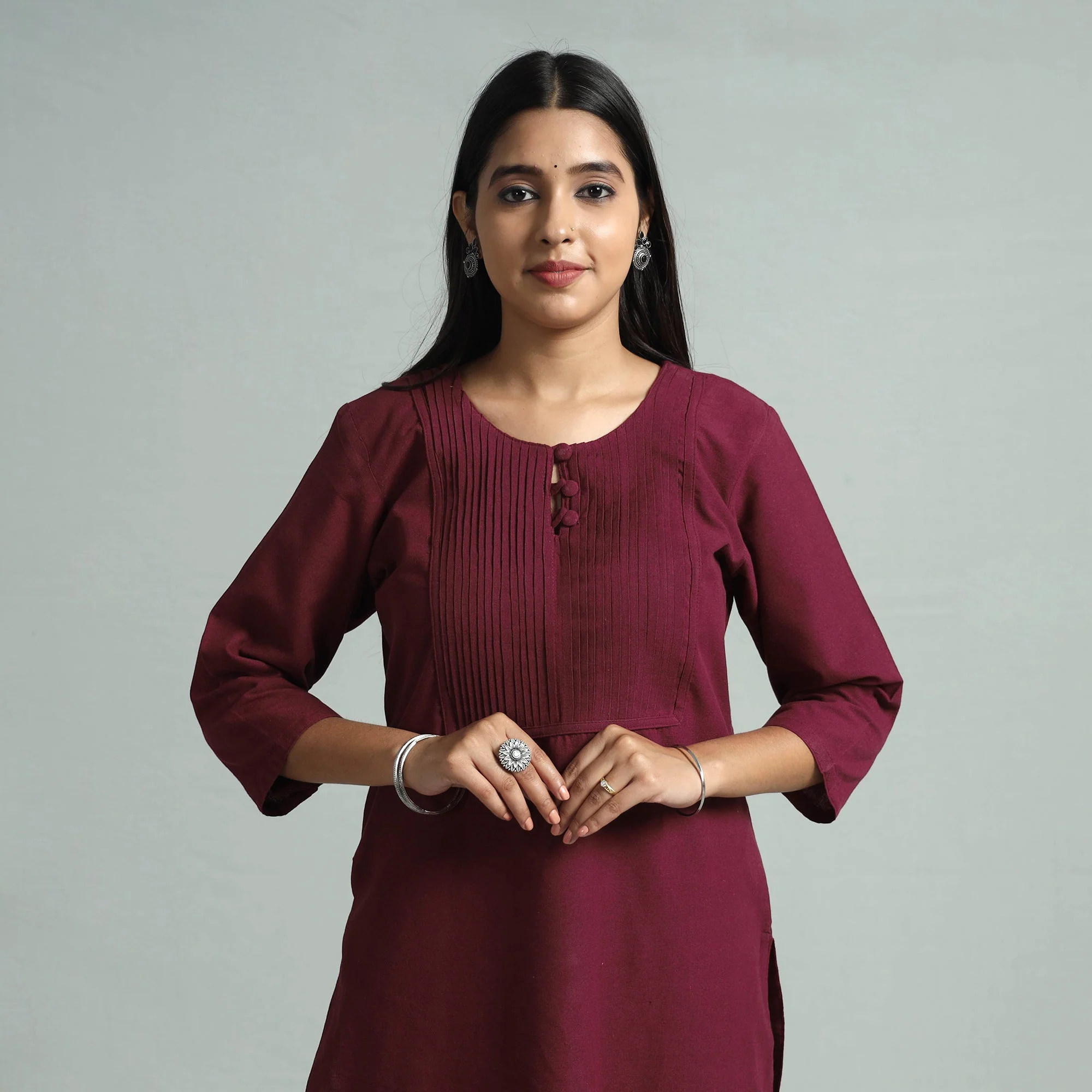 Maroon Jhiri Handloom Cotton Pintuck Long Kurta